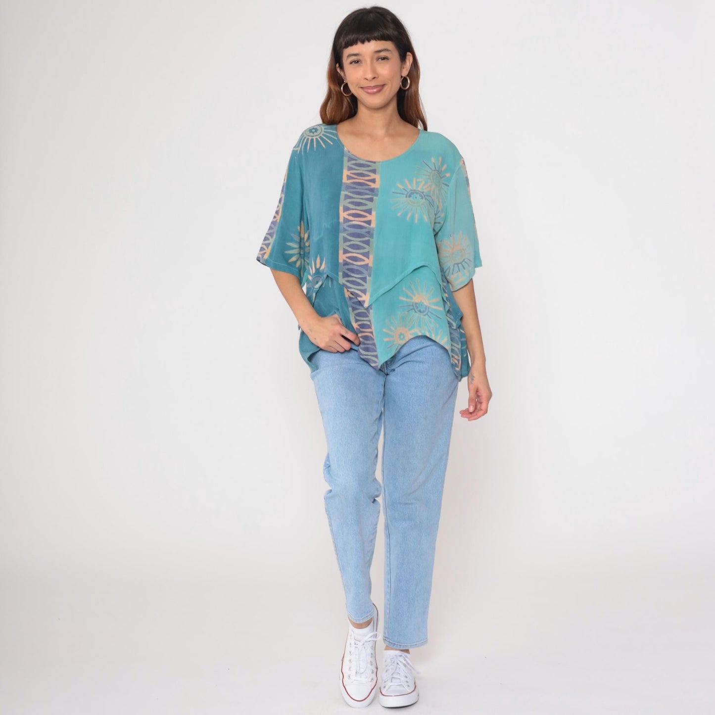 Y2K Silver Stream Teal Sun Print Asymmetric Layered Blouse Extra Large XL