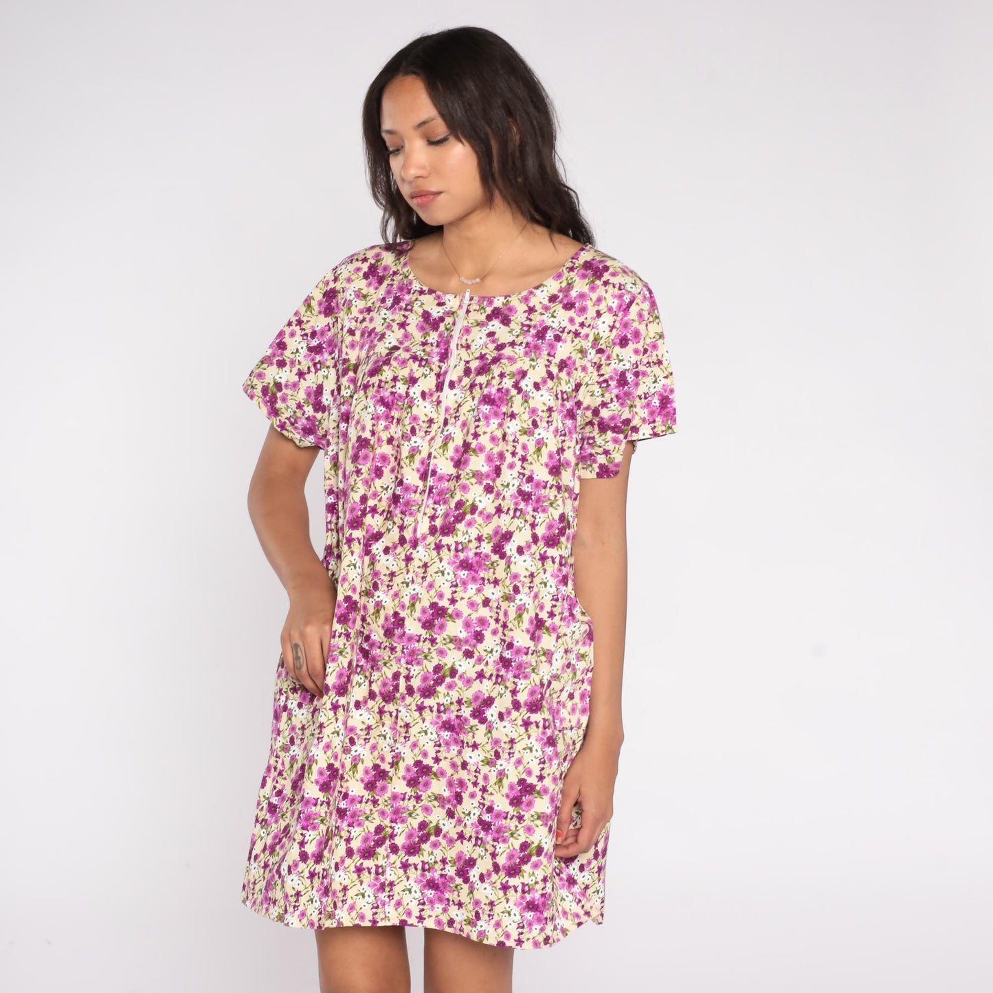 90s JTP Ditsy Floral Zip Front Dress Purple Rayon Knee Length Medium Large