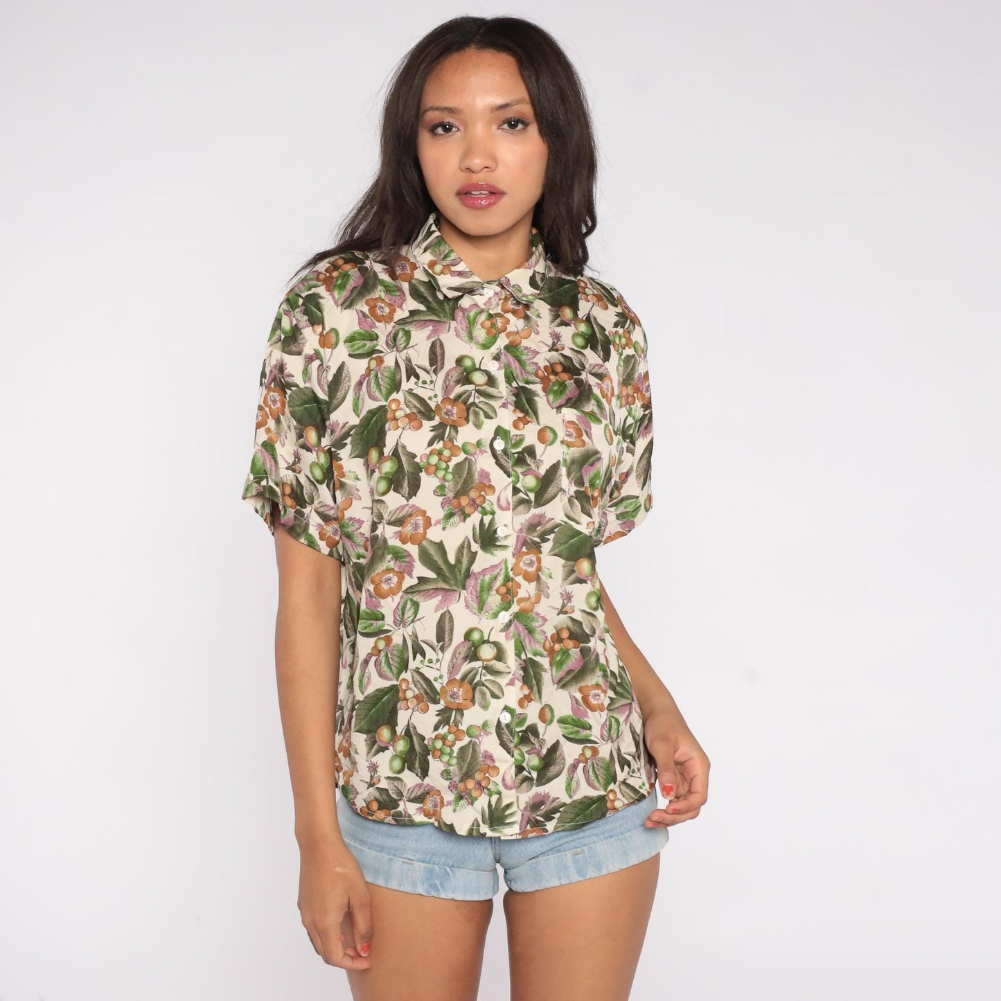 70s Botanical Print Button Down Shirt Cream Green Orange Brown Floral Large L