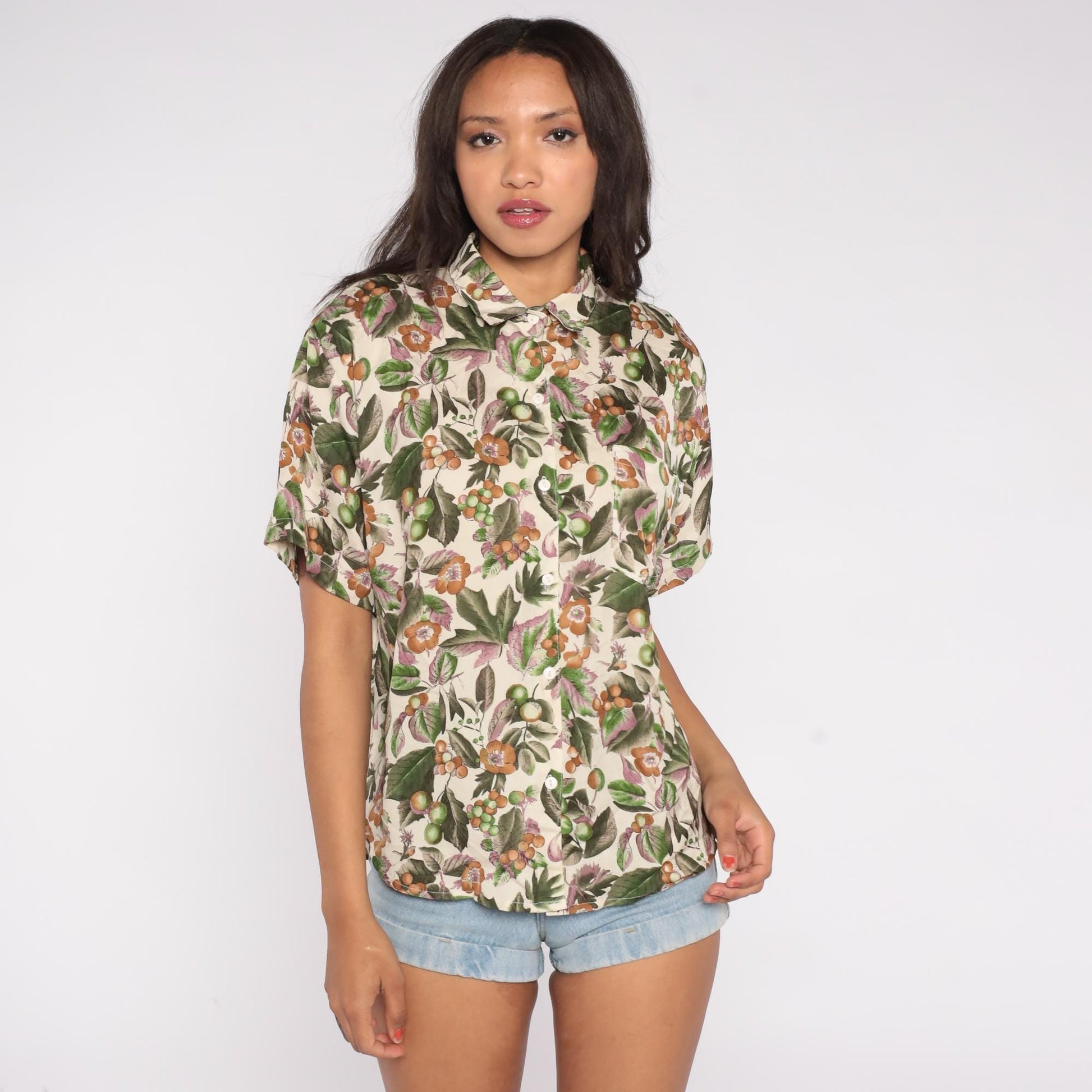 70s Botanical Print Button Down Shirt Cream Green Orange Brown Floral Large L
