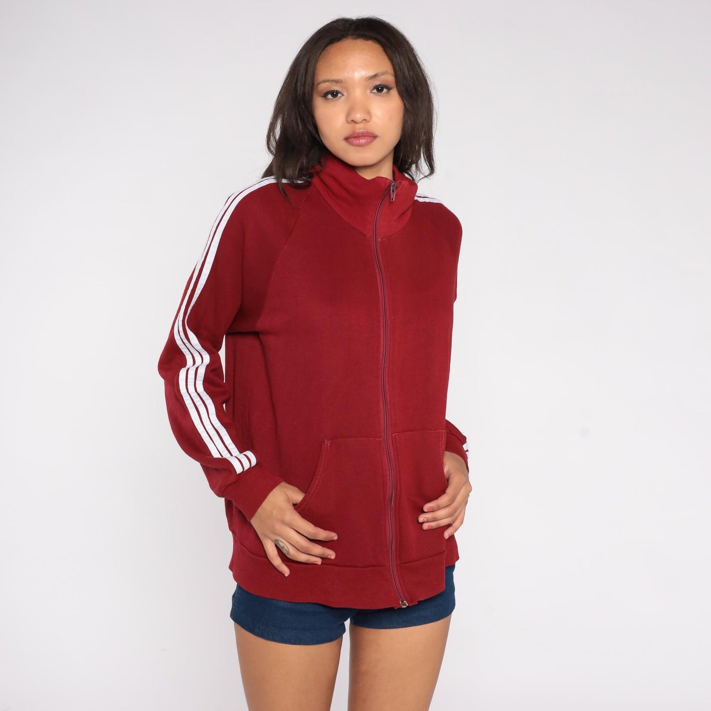 80s Red Track Jacket White Stripe Zip Front Raglan High Collar Large L