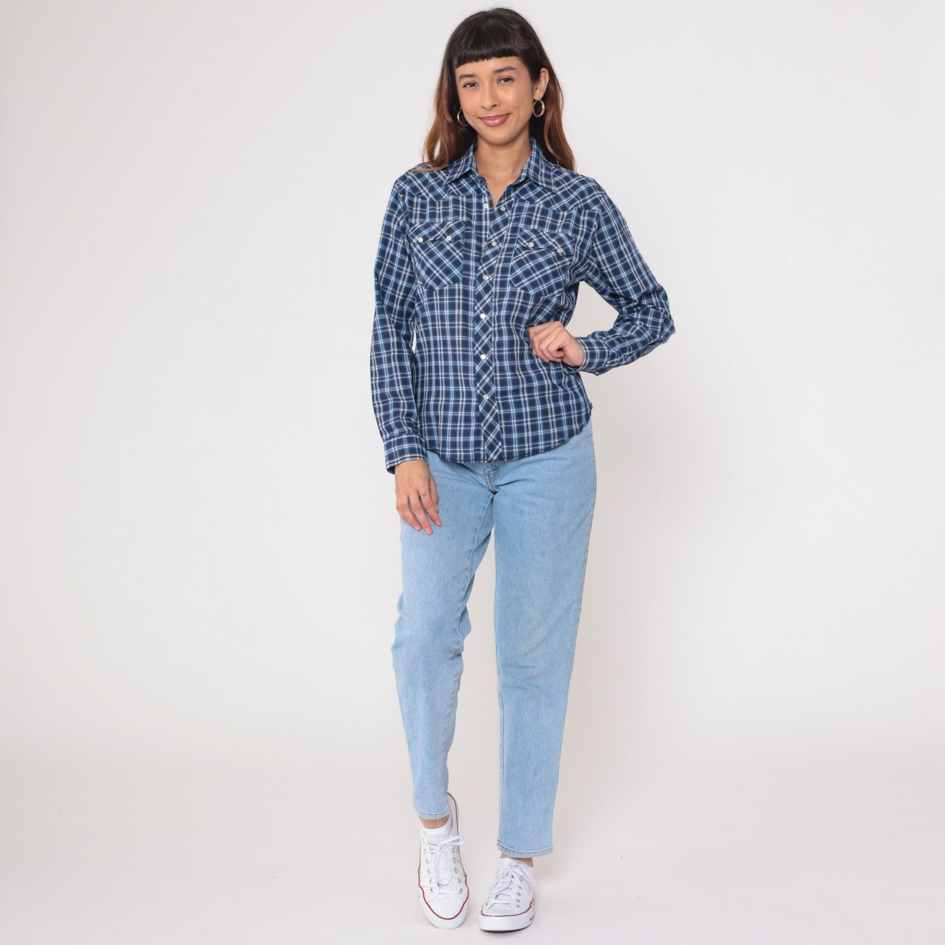 90s Rustler Blue Plaid Flannel Pearl Snap Shirt Medium