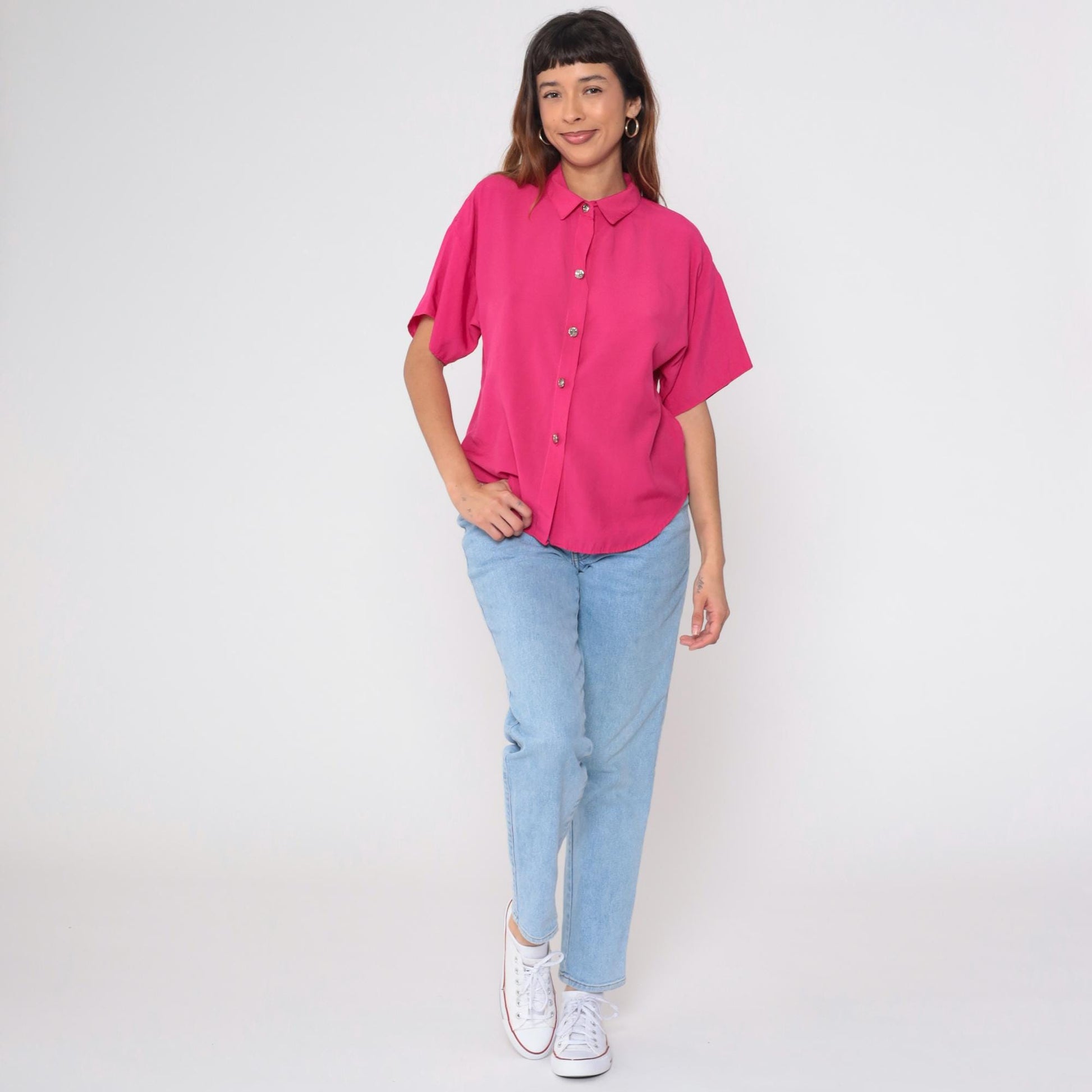 90s La Fever Hot Pink Button Up Blouse Silver Buttons Short Sleeve Medium M
