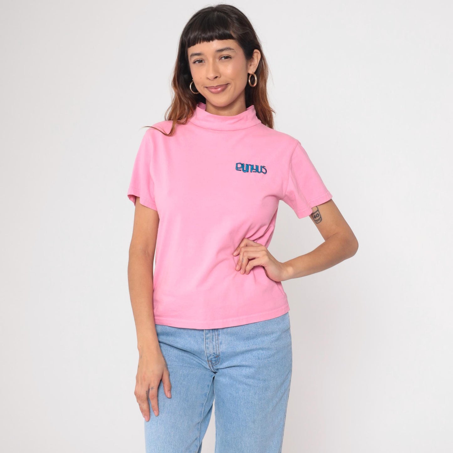 90s Punyus Y2K Pink Cotton Mock Neck Tee Japanese Brand Medium M