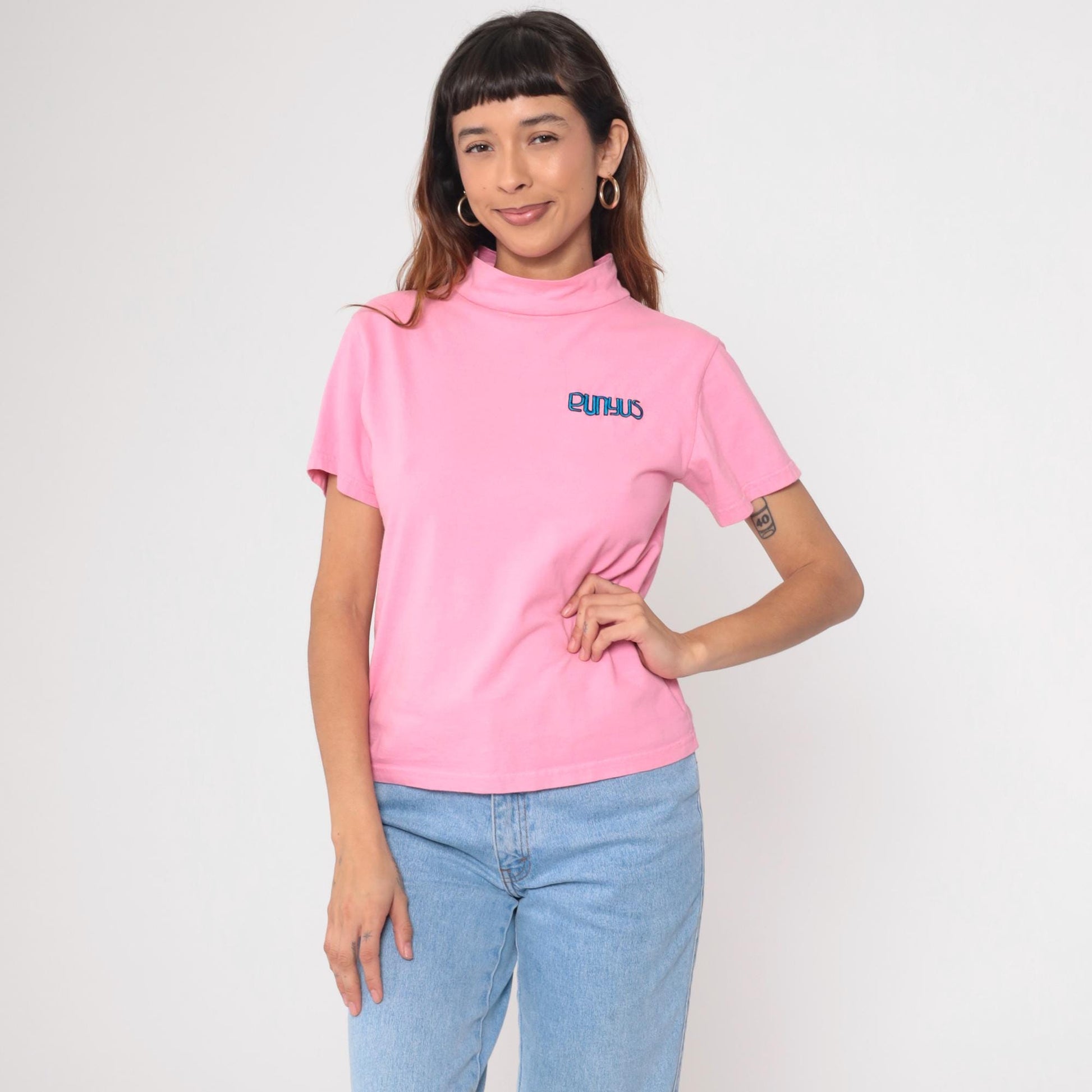 90s Punyus Y2K Pink Cotton Mock Neck Tee Japanese Brand Medium M