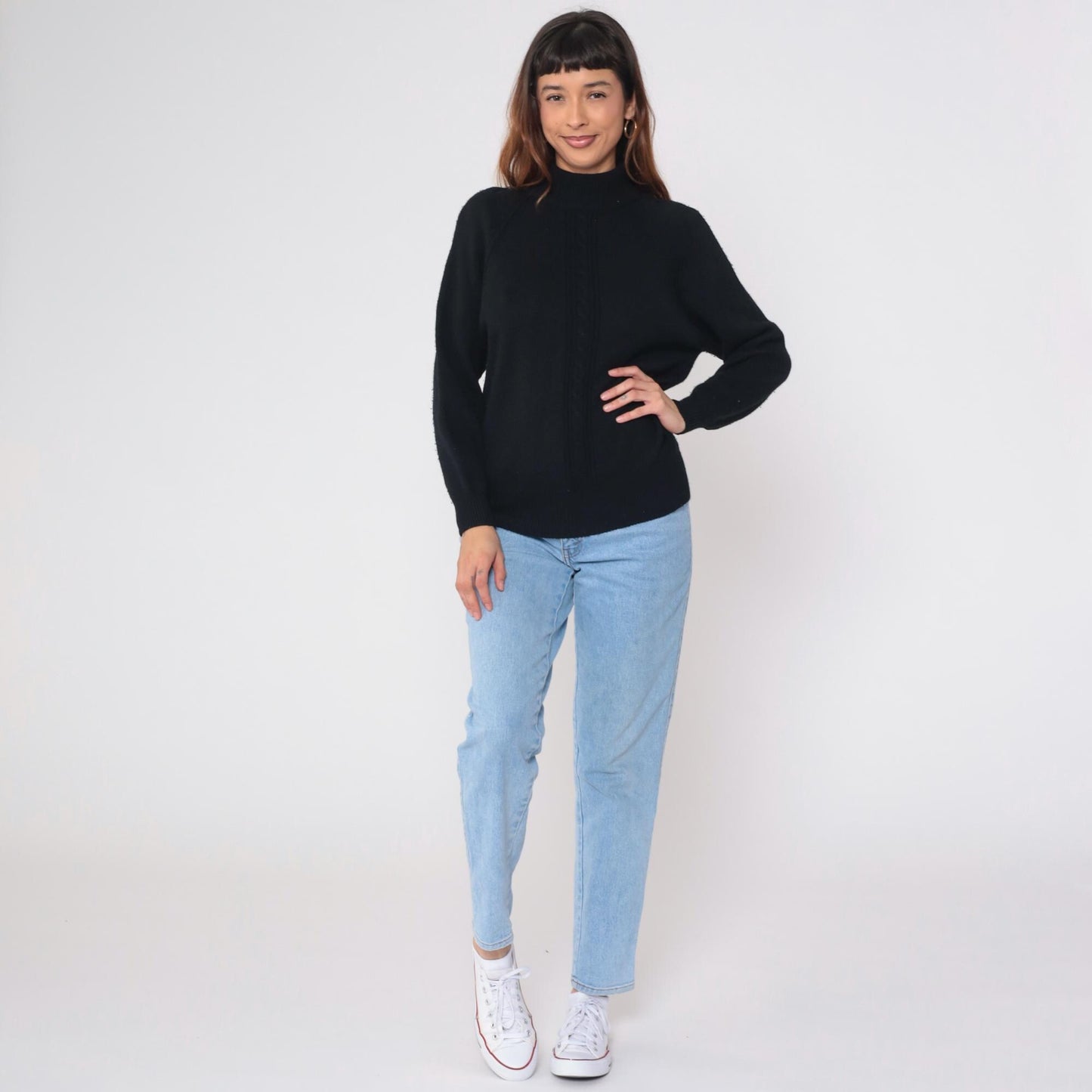 90s Liz Claiborne Black Merino Wool Mock Neck Sweater Cable Knit Small S