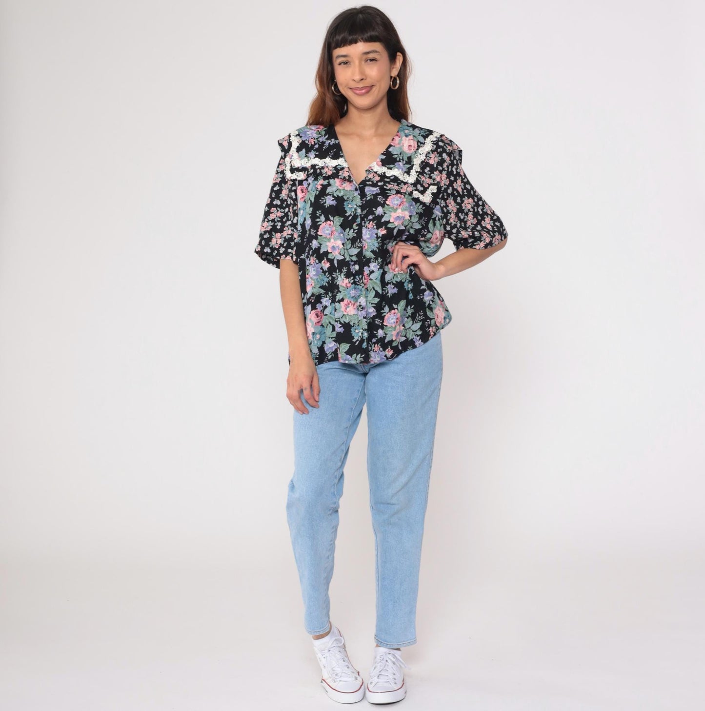 90s Liz Baker Floral Button Up Blouse Black Rayon Pink Purple Flowers Lace Collar Plus Size 20
