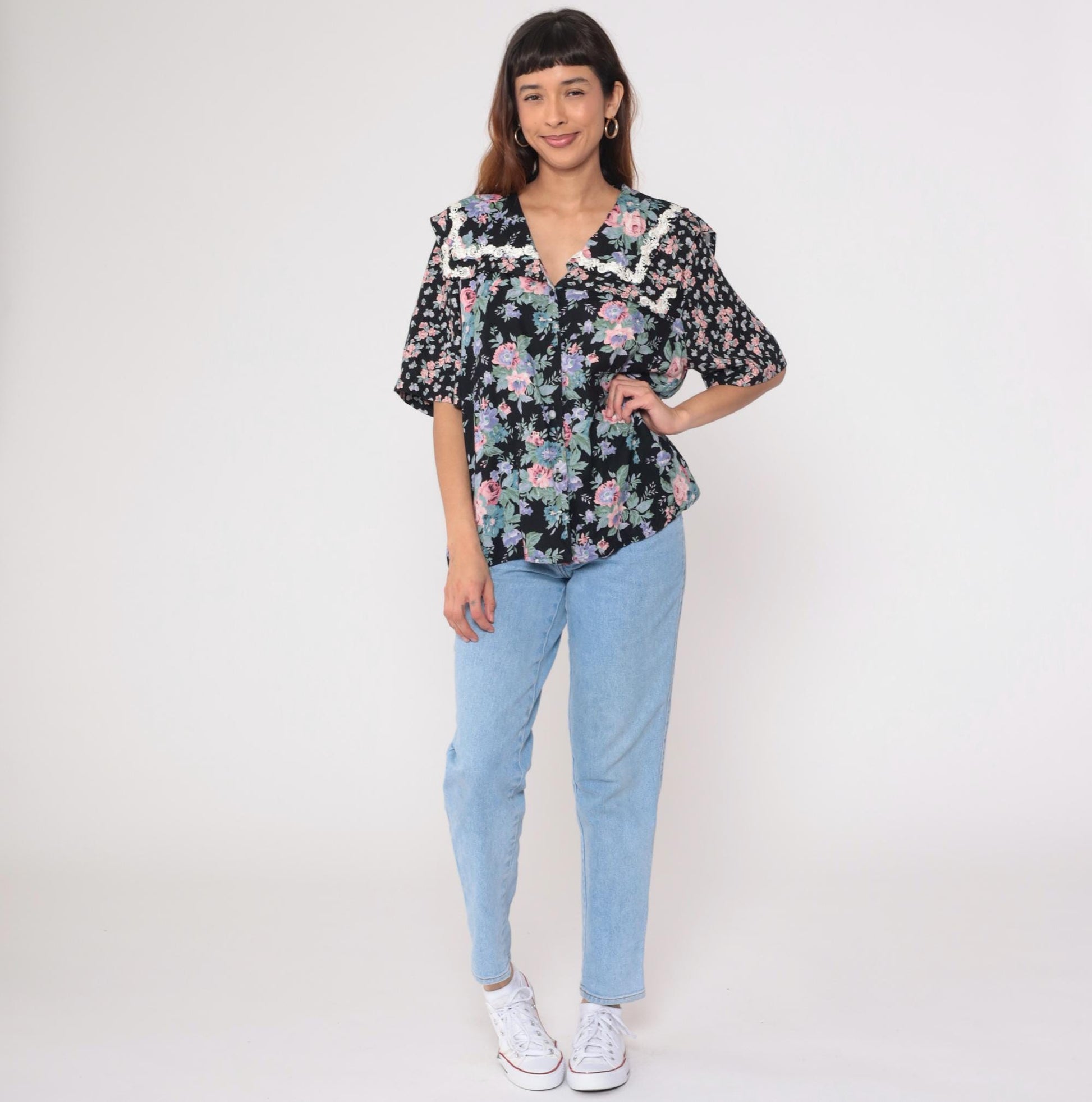 90s Liz Baker Floral Button Up Blouse Black Rayon Pink Purple Flowers Lace Collar Plus Size 20