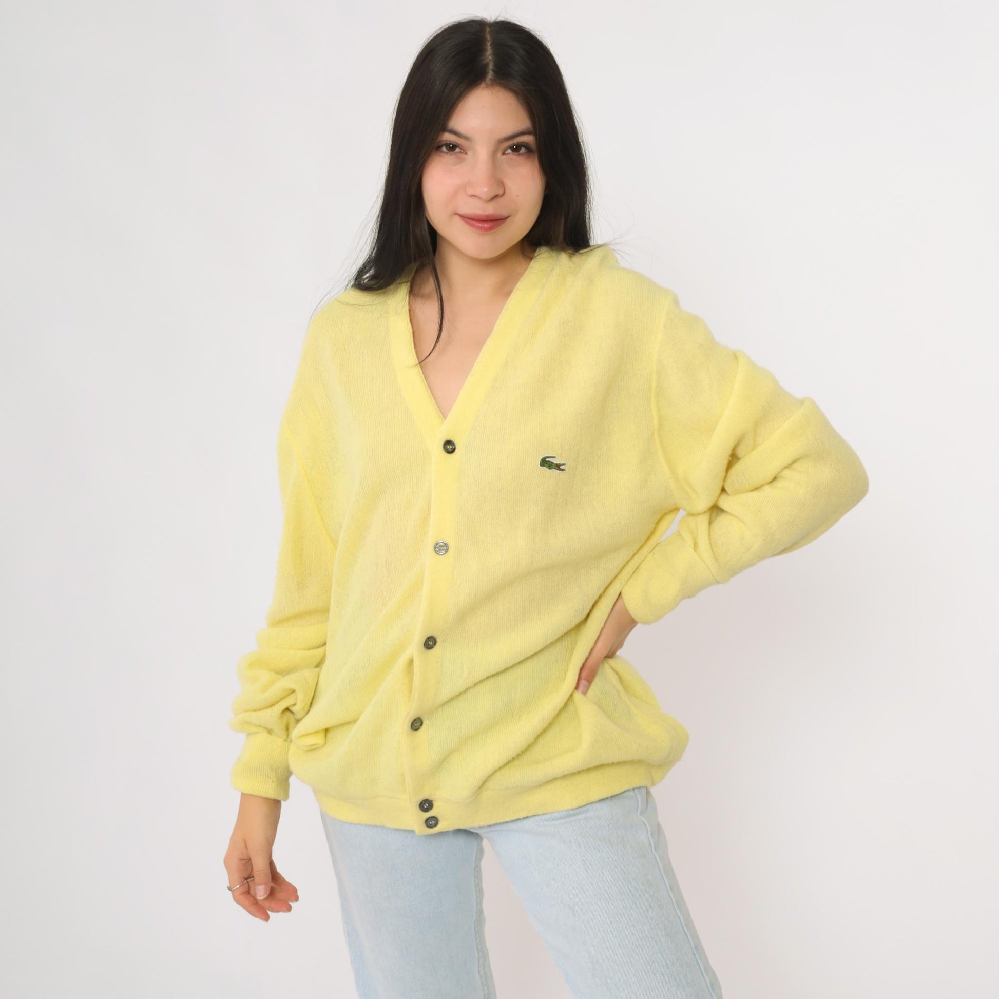70s Lacoste Yellow Cardigan Crocodile Logo Button Front Extra Large XL