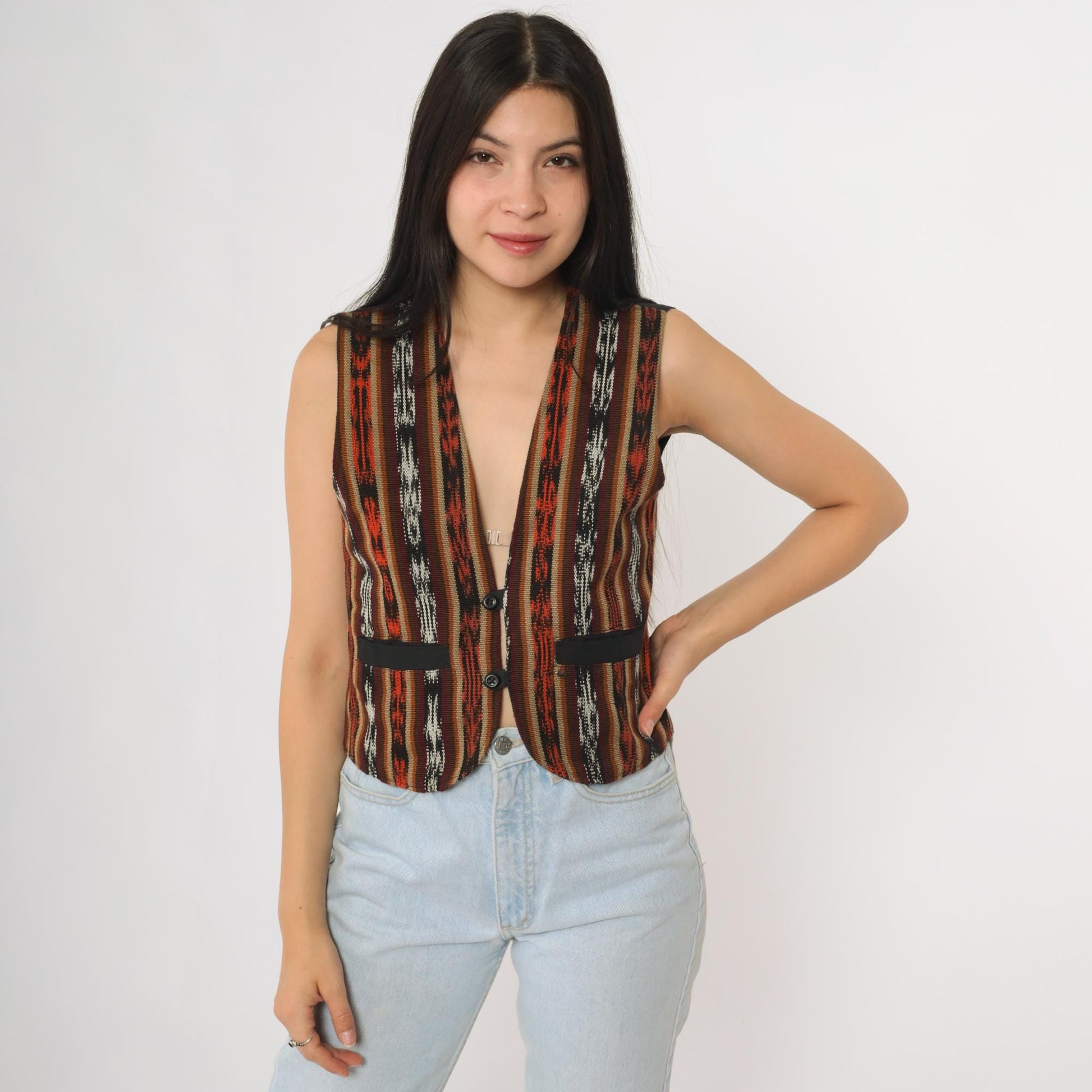 90s Southwestern Cotton Vest Striped Geometric Button Front Small S