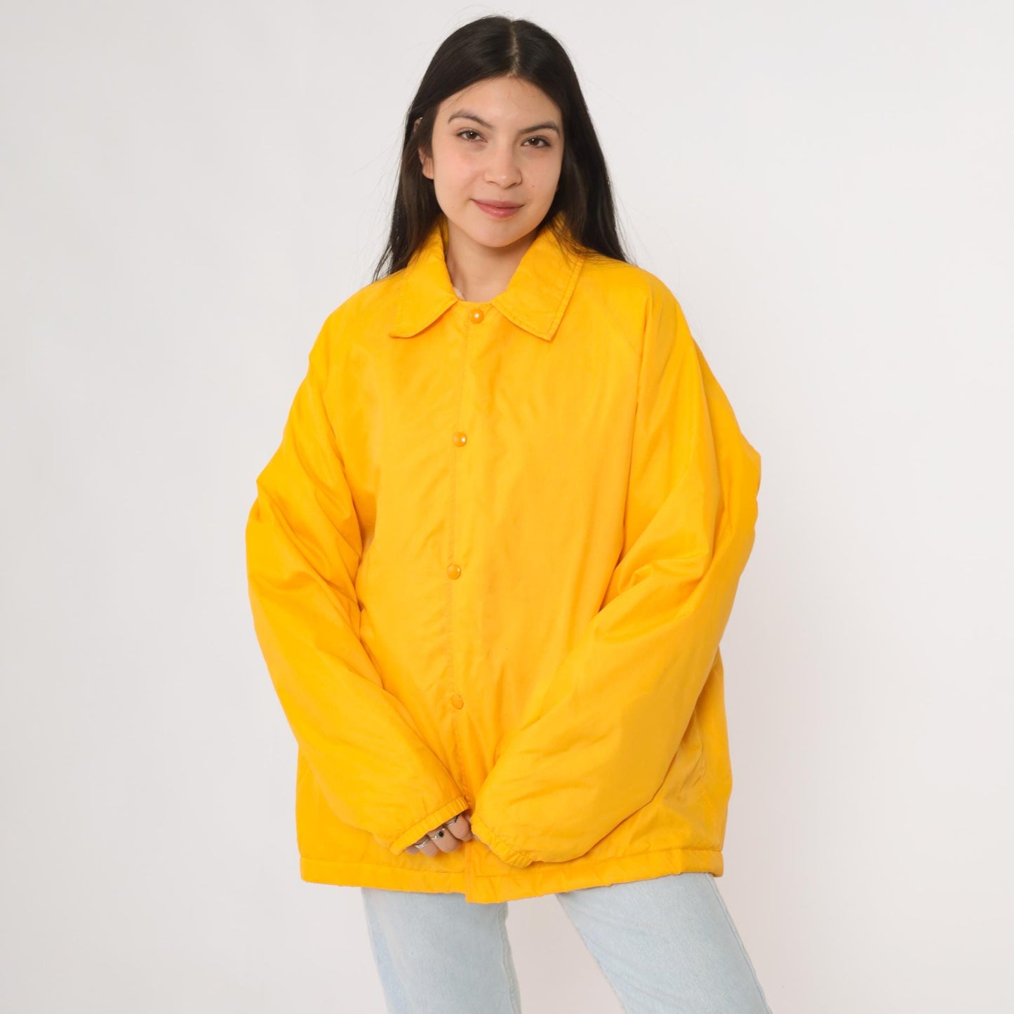 80s David Peyser Yellow Nylon Windbreaker Faux Fur Lined Coach Jacket Large