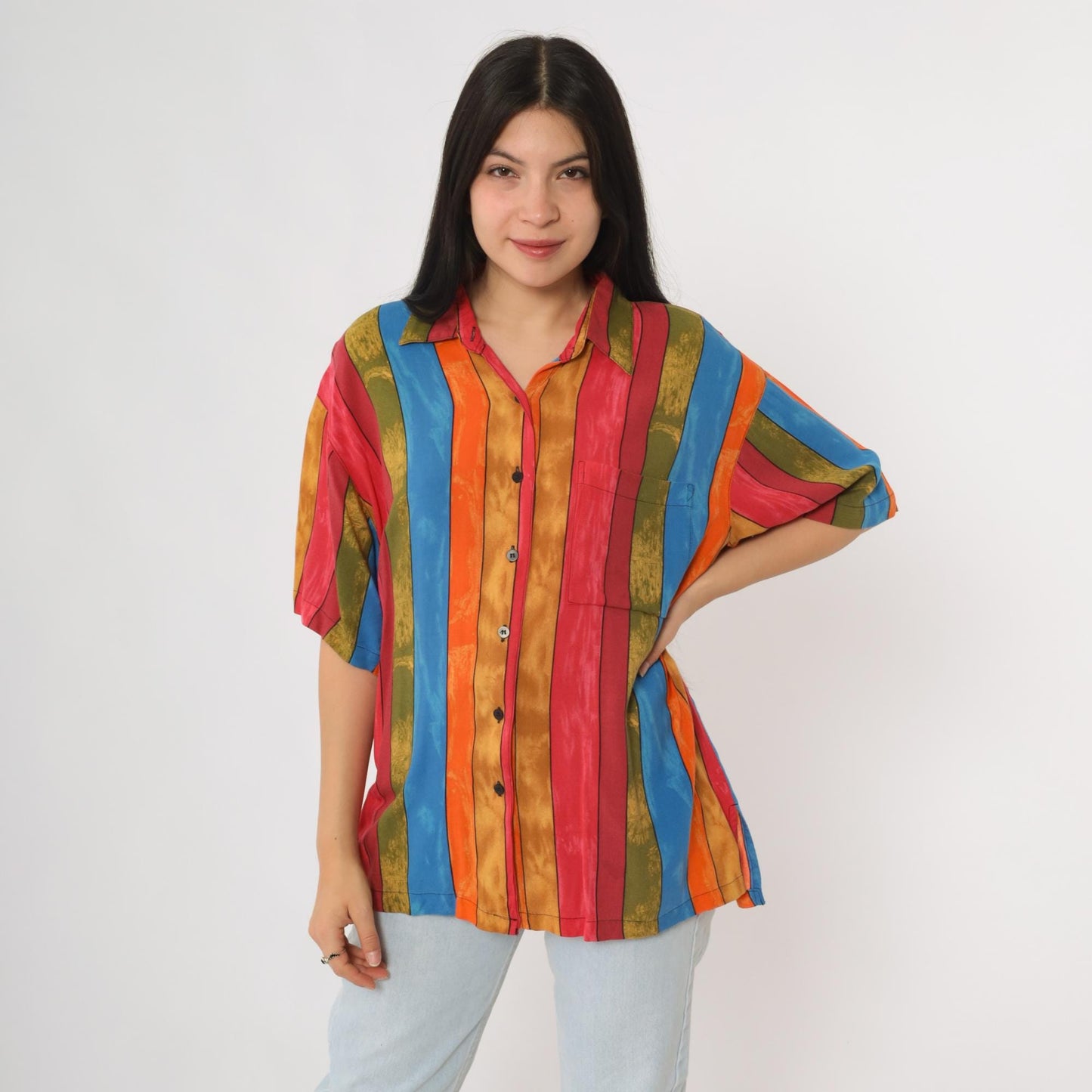 90s First Class Striped Button Down Shirt Rayon Multicolor Short Sleeve Large L