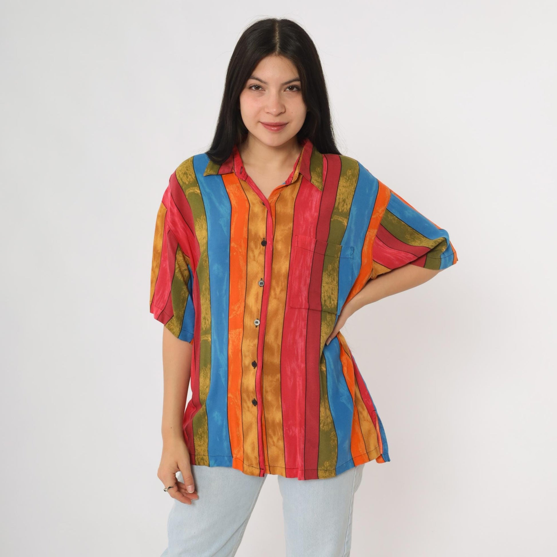 90s First Class Striped Button Down Shirt Rayon Multicolor Short Sleeve Large L