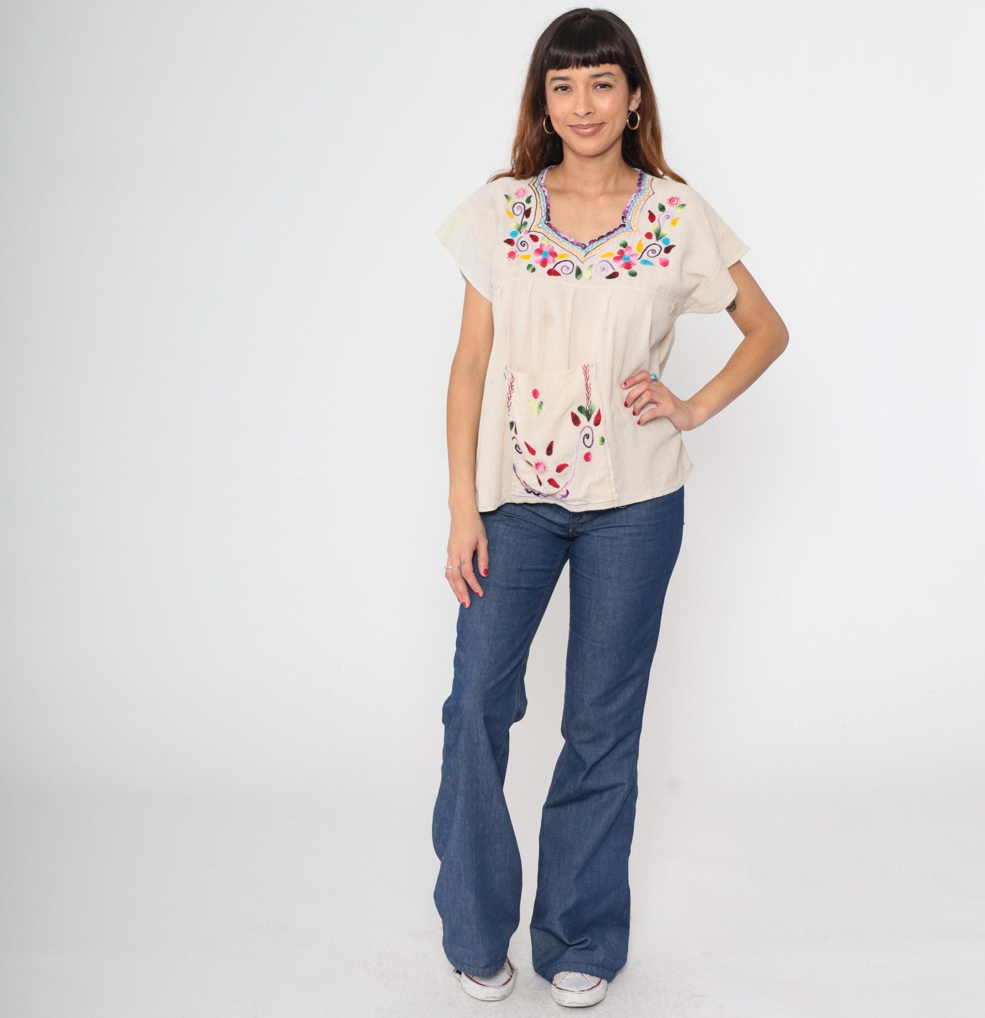 Y2K Mexican Embroidered Floral Cream Cotton Tunic Blouse Cap Sleeve Medium