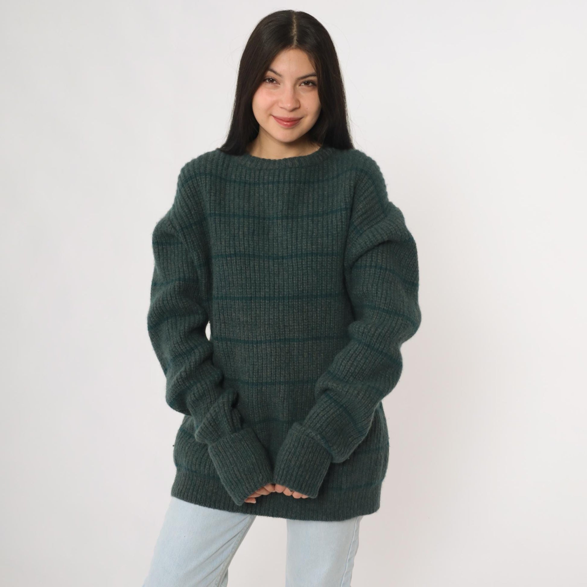 80s Fieldgear Wool Sweater Dark Teal Horizontal Stripe Ribbed Knit Extra Large XL