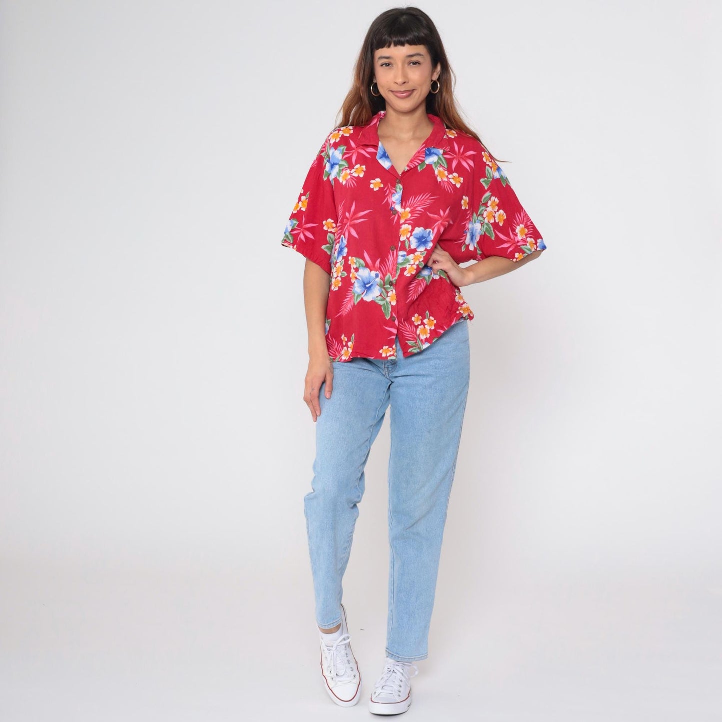90s Red Tropical Floral Hawaiian Shirt Button-Up Rayon Blouse XL