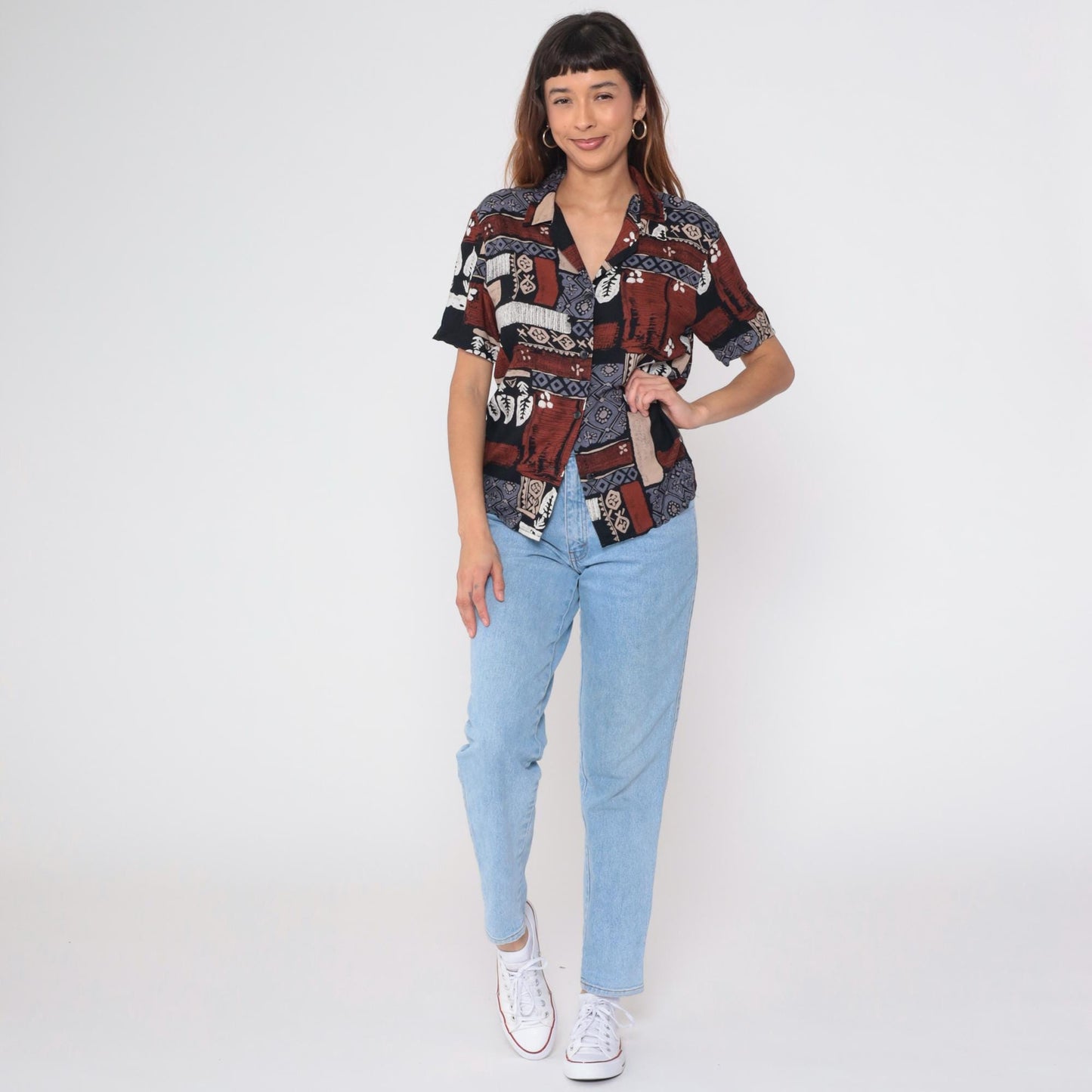 90s Radcliffe Batik Geometric Print Button Blouse Rust Blue Black Medium M