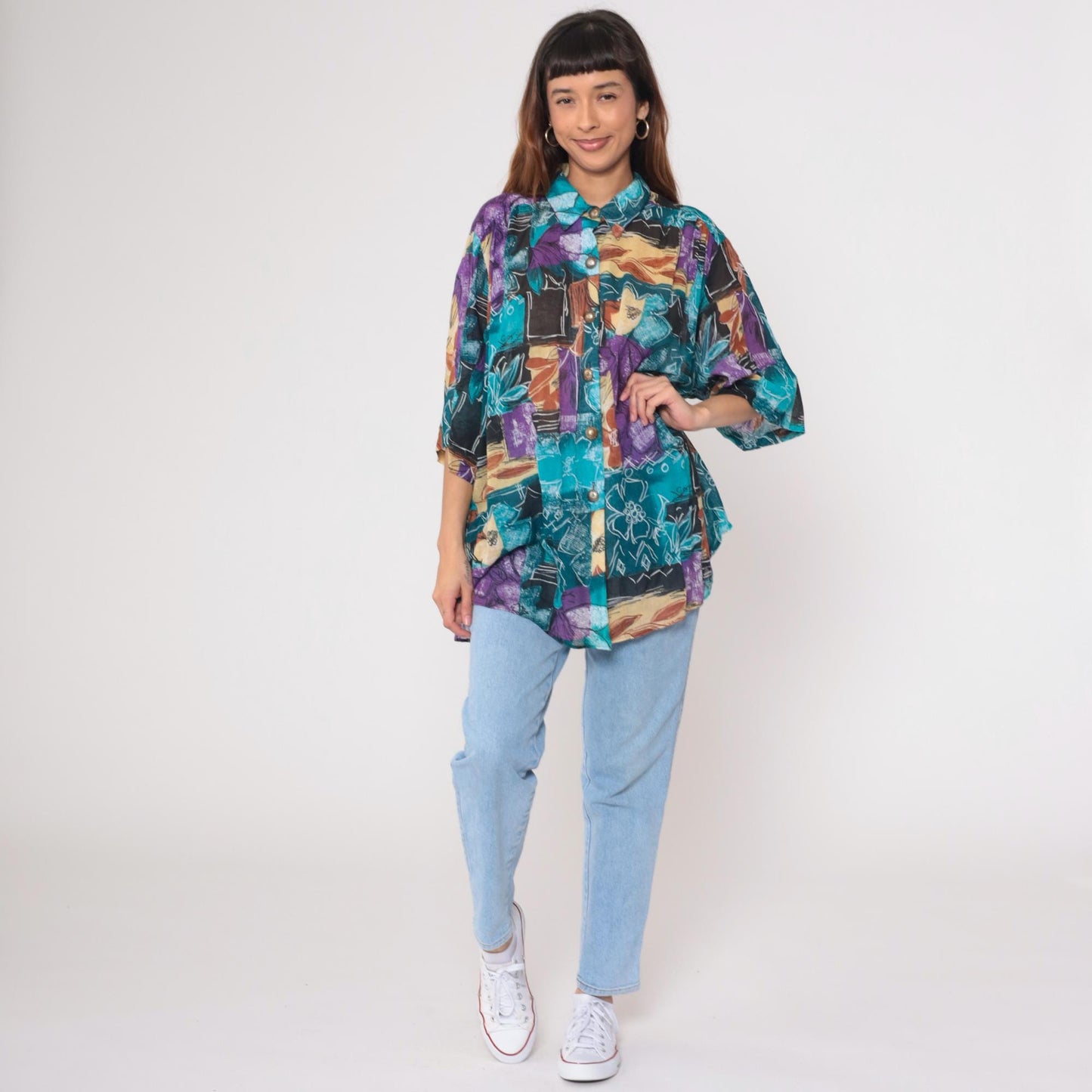 90s Joanna Abstract Watercolor Floral Button Down Blouse Teal Purple Extra Large