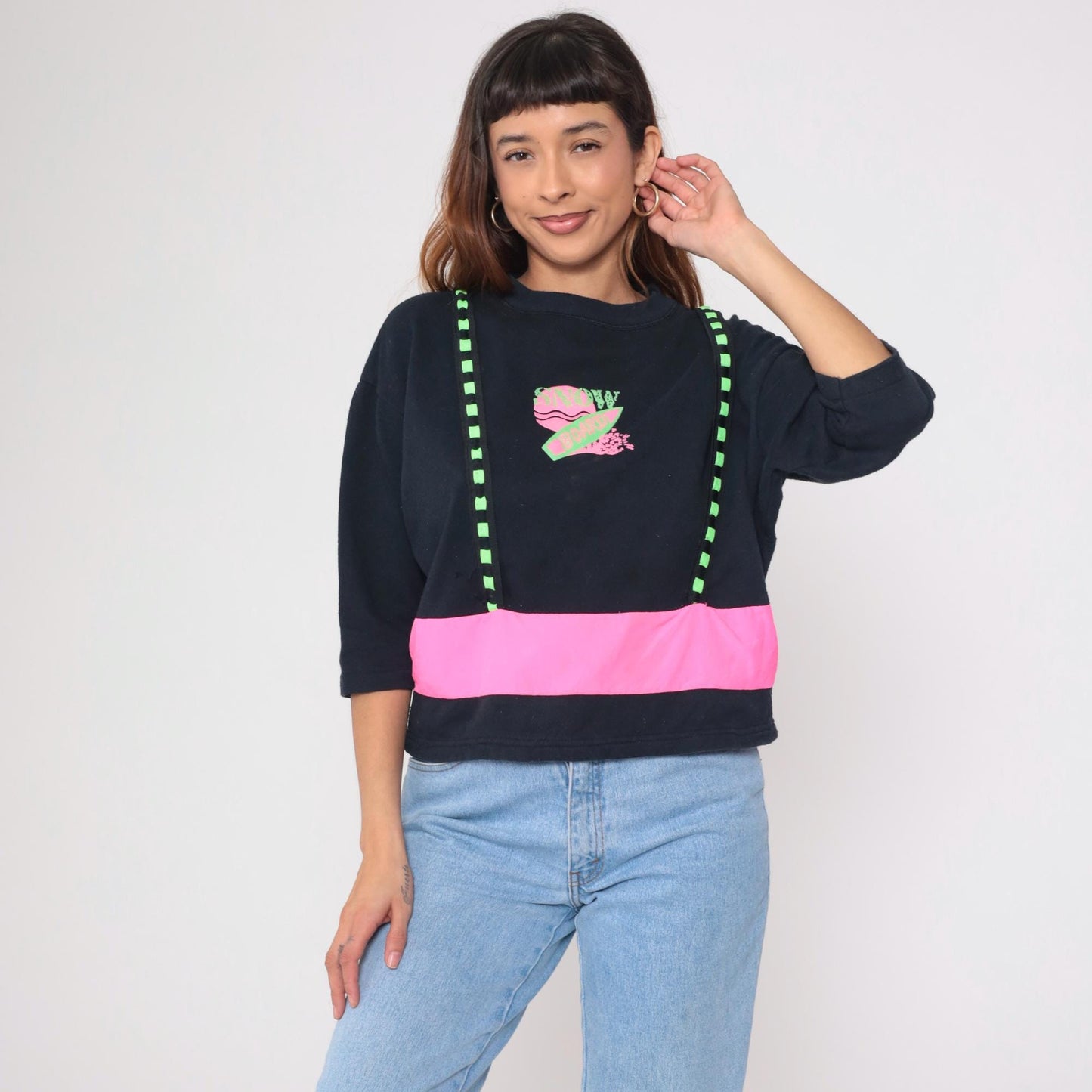90s Obvious Snowboard Sweatshirt Black Neon Pink Green Cropped Medium M