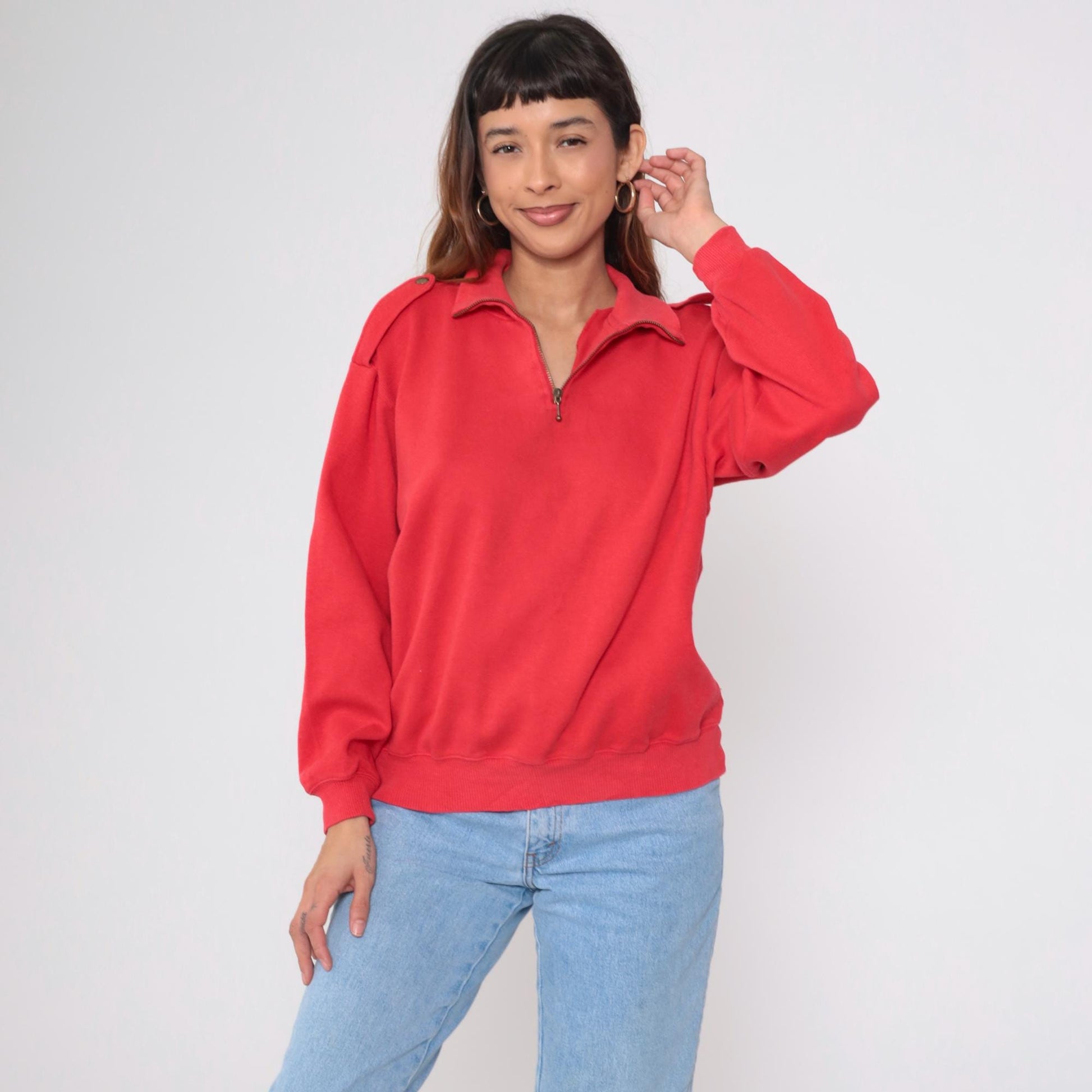 90s Liz Sport Red Quarter Zip Sweatshirt Nautical Flag Embroidery Medium M
