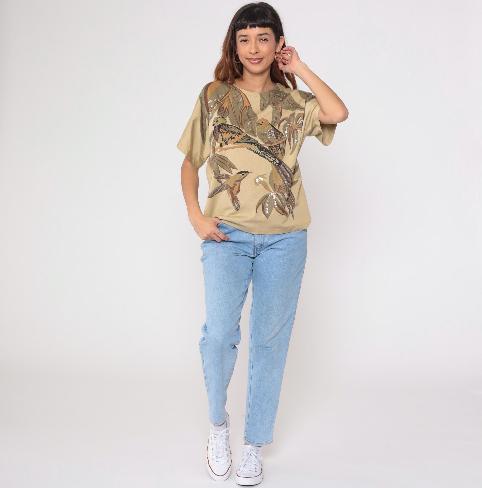 90s Tan Sequined Bird Print Boxy Tee Tropical Foliage Beaded Short Sleeve Large L