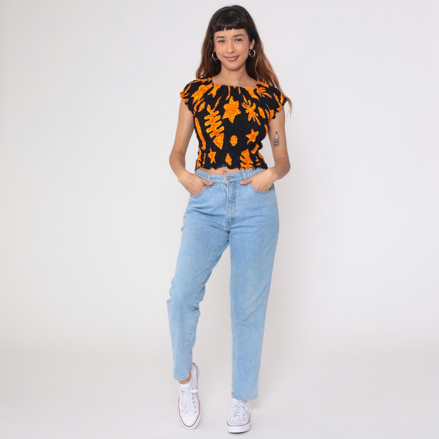 Y2K Shore Line Batik Smocked Crop Top Black Orange Cap Sleeve Small Medium