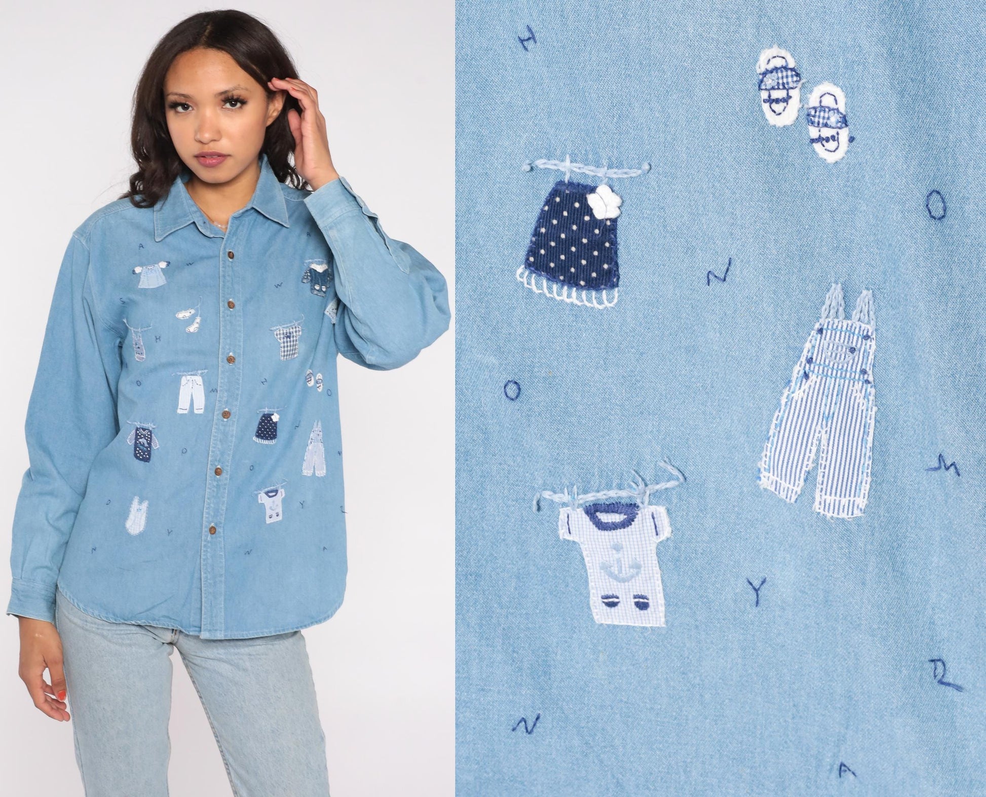 90s Gardy Teddy Bear Laundry Day Denim Shirt Blue Chambray Medium M