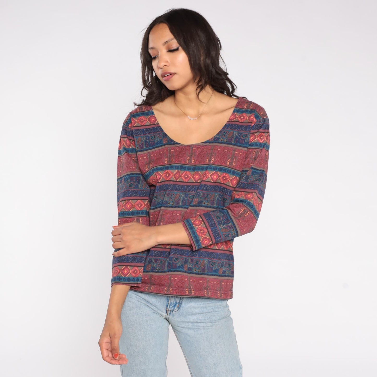 90s Chicos Design Southwestern Tribal Print Top Burgundy Navy Cotton Small