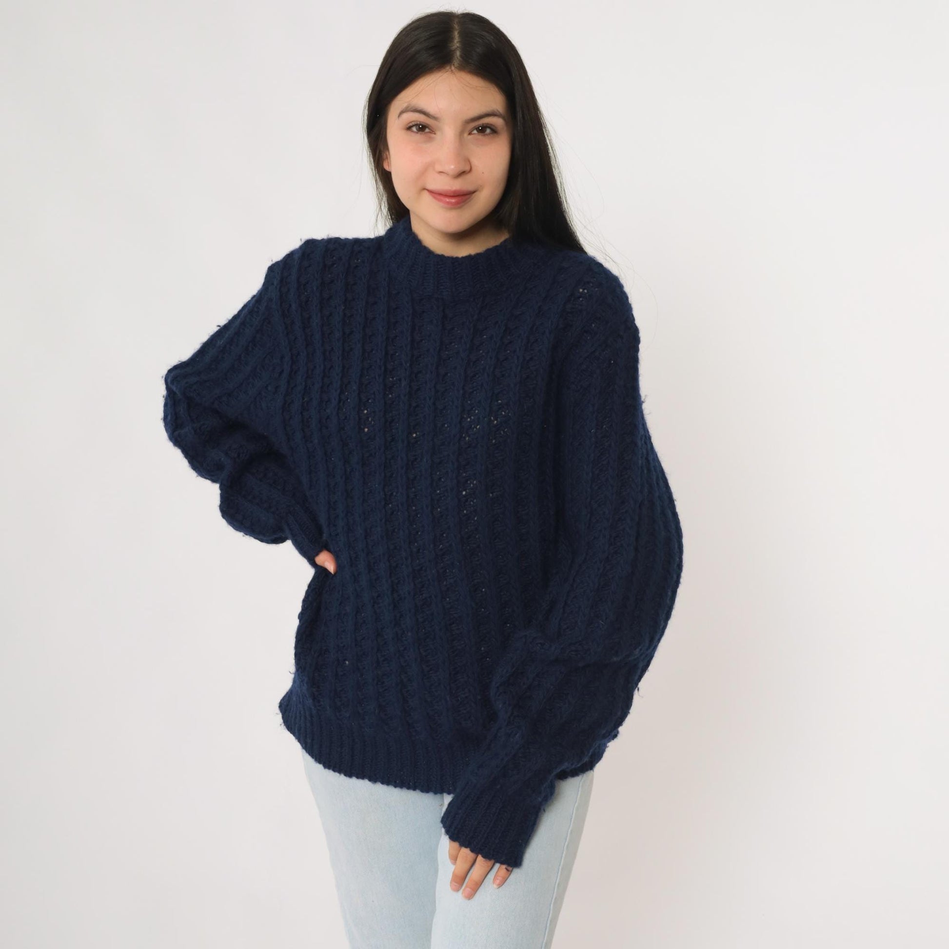 80s Robert Bruce Navy Wool Chunky Knit Crewneck Pullover Medium M