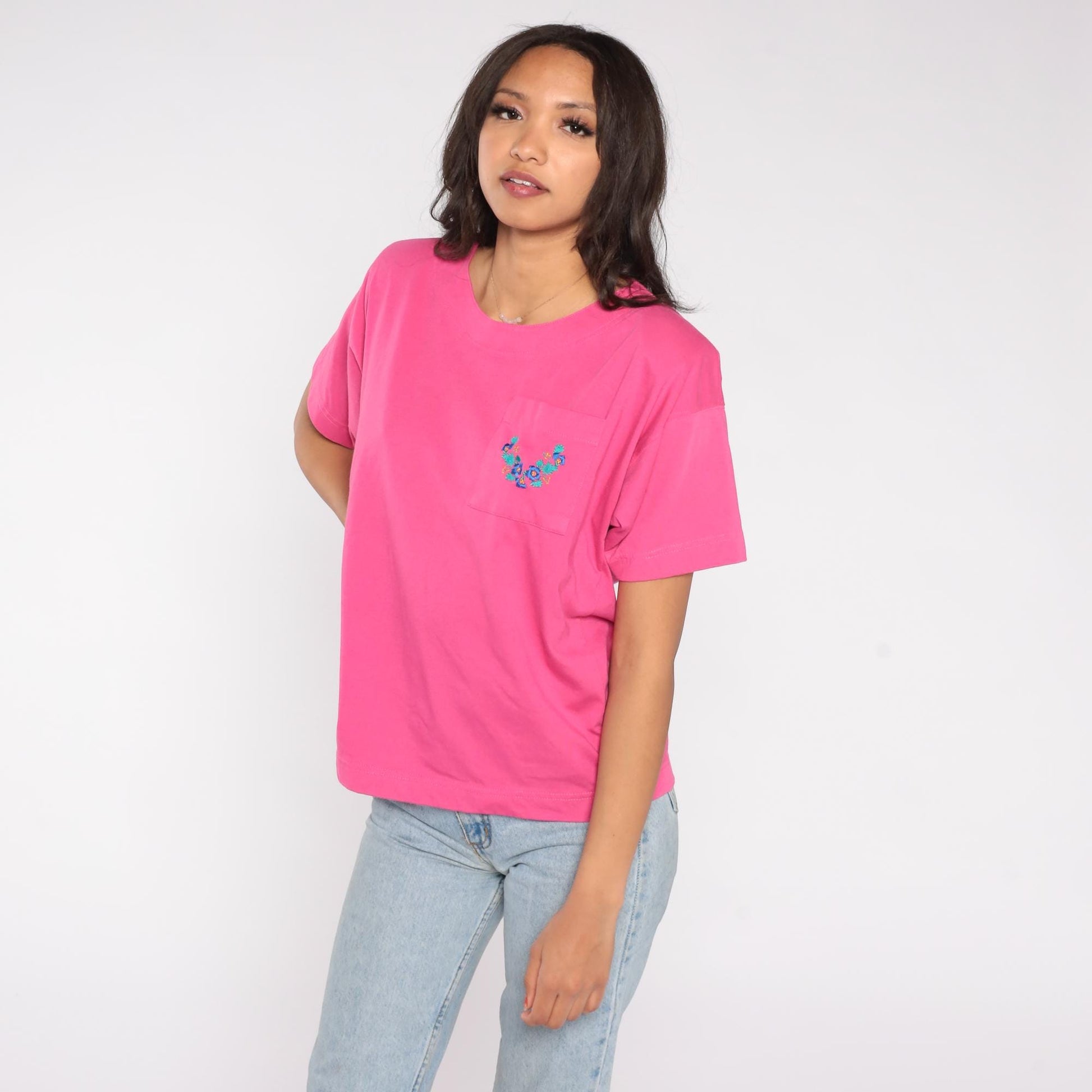 90s Colter Bay Sport Hot Pink T-Shirt Floral Embroidered Pocket Tee Large L