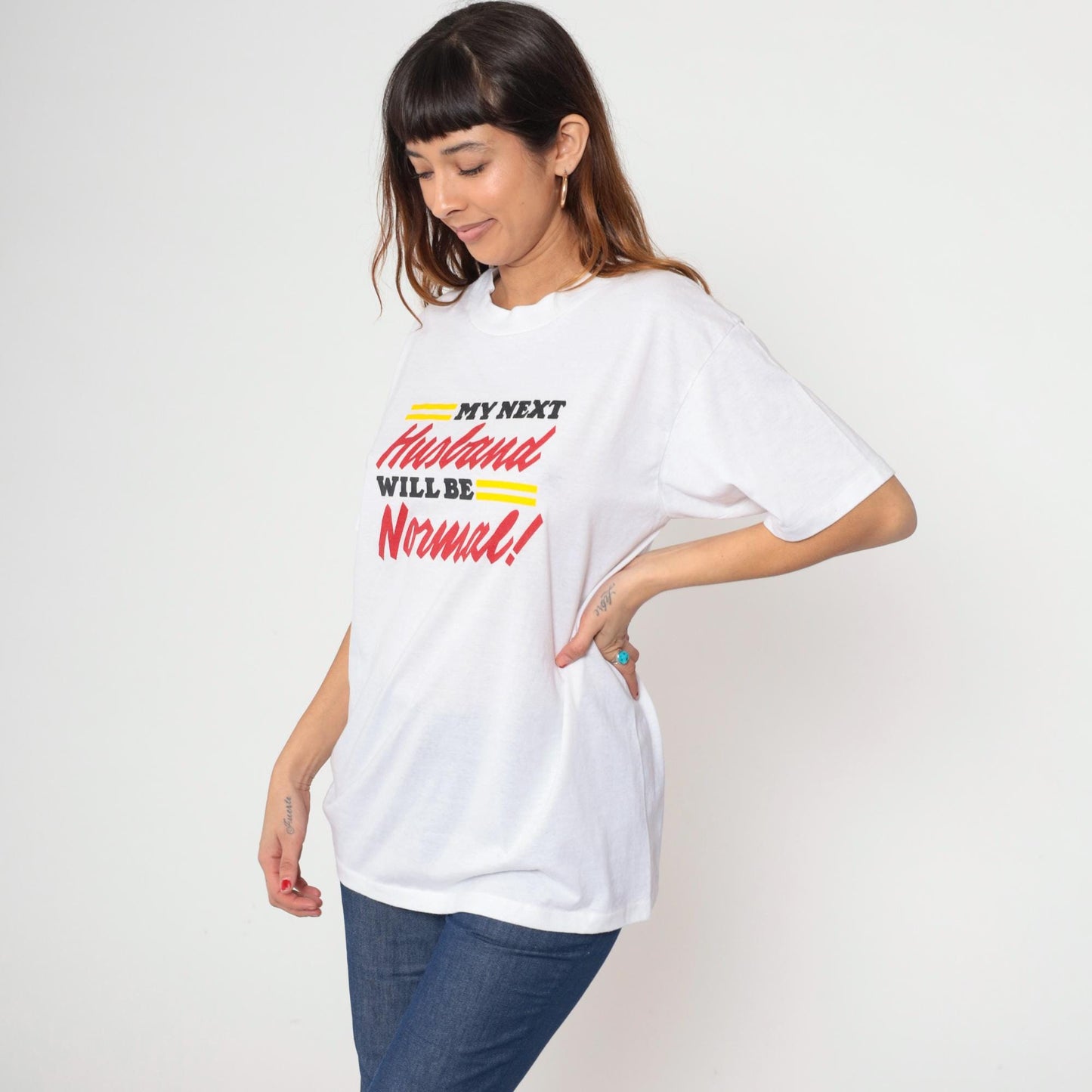 90s Graphic T-Shirt White Cotton Humor Marriage Tee Large