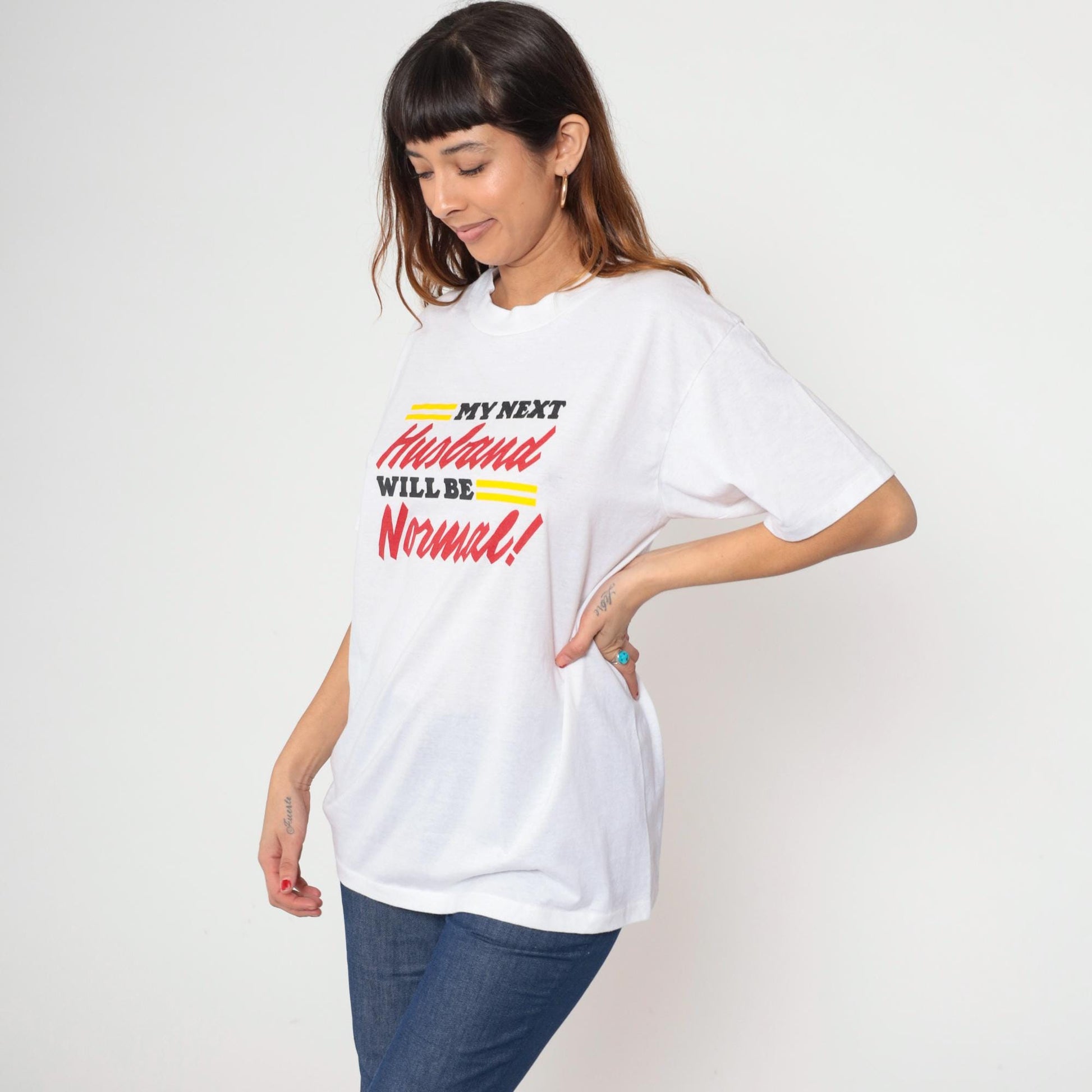 90s Graphic T-Shirt White Cotton Humor Marriage Tee Large