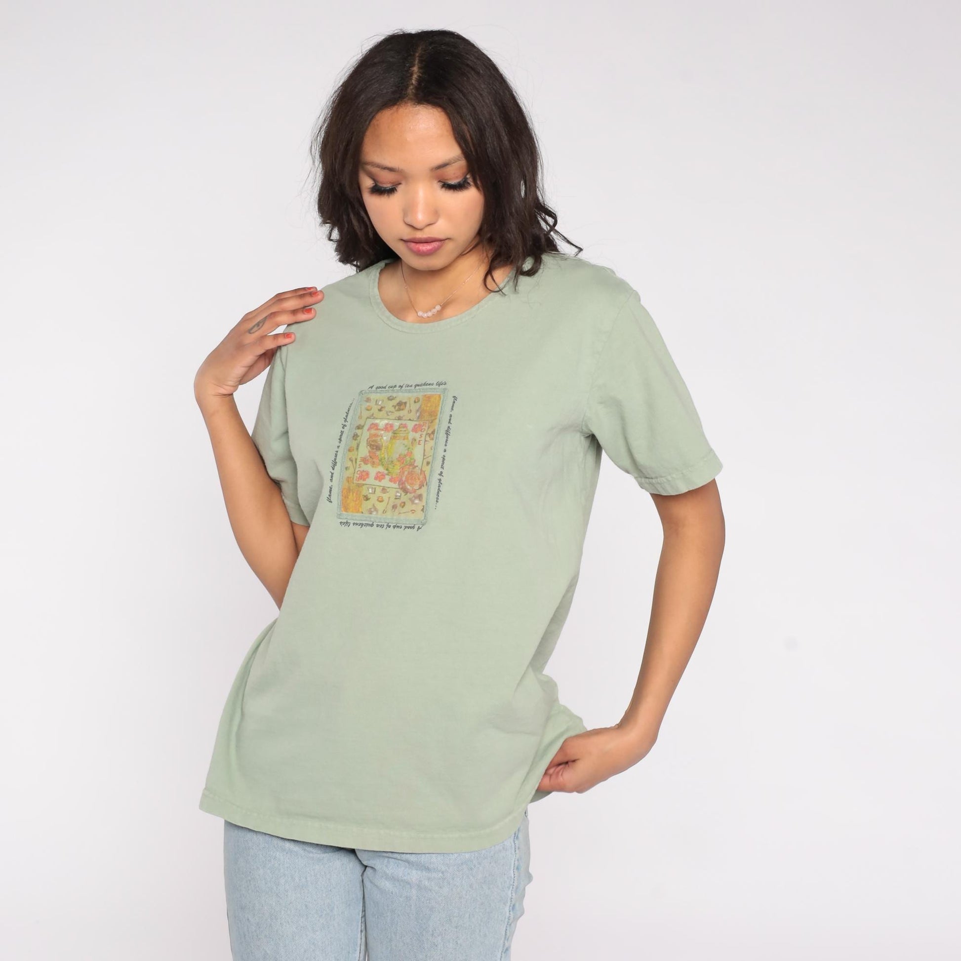 Y2K Sage Green Teapot Rose Graphic Tee Cotton Quote Print Small S