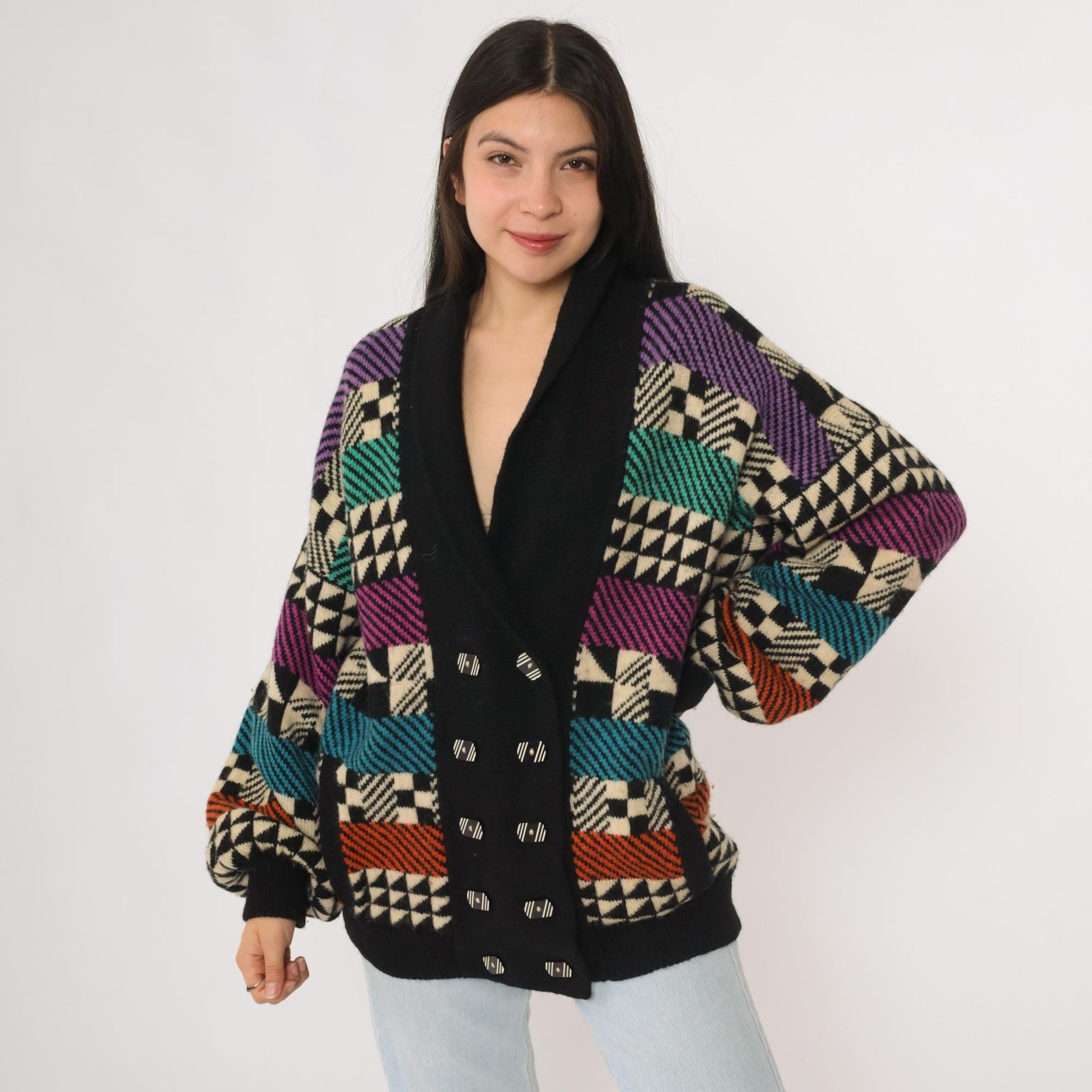 90s Kotki Dwa Wool Cardigan Black Abstract Geometric Purple Teal Orange Large L