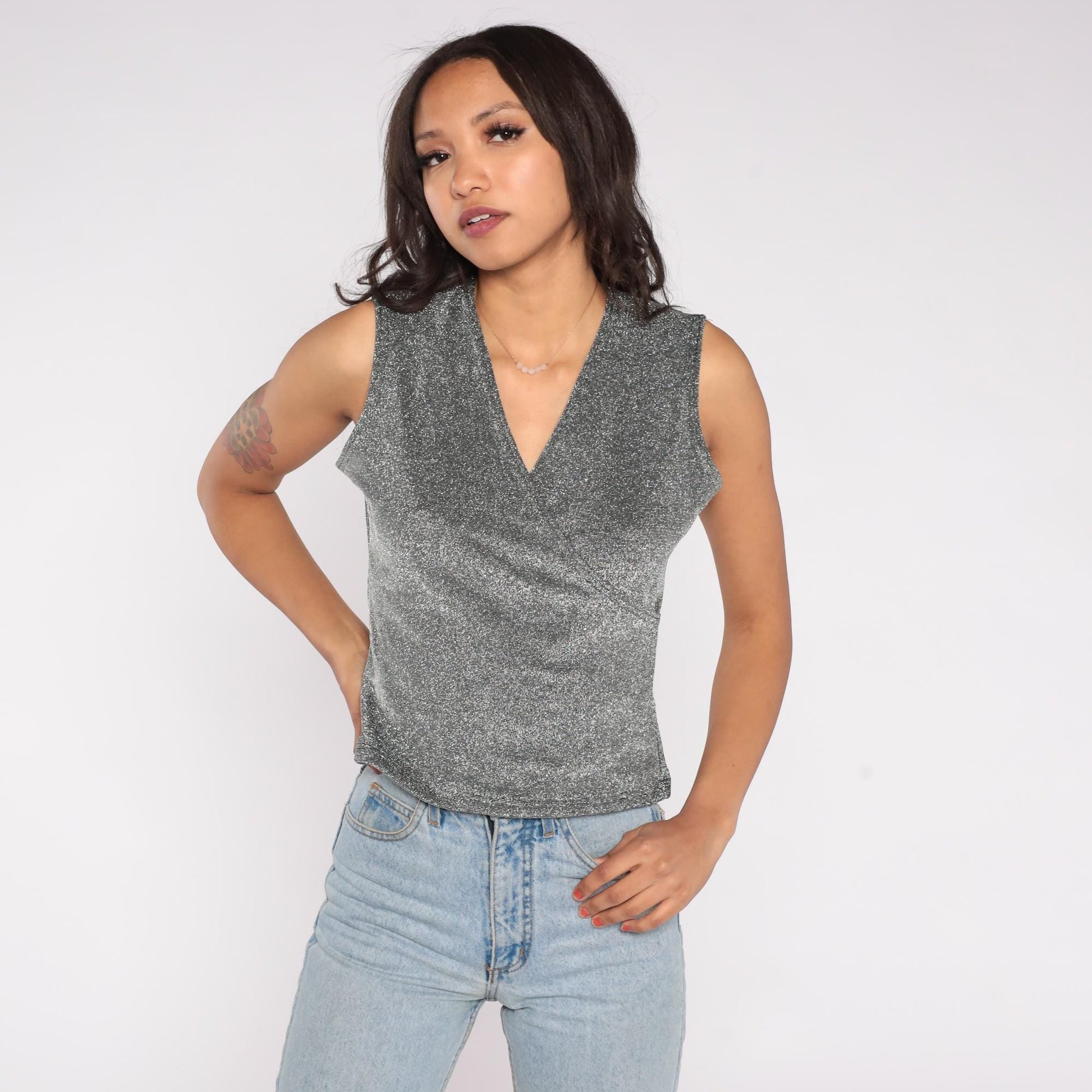 90s Jaipur Metallic Silver Wrap Tank Top Sparkle Lurex Large L