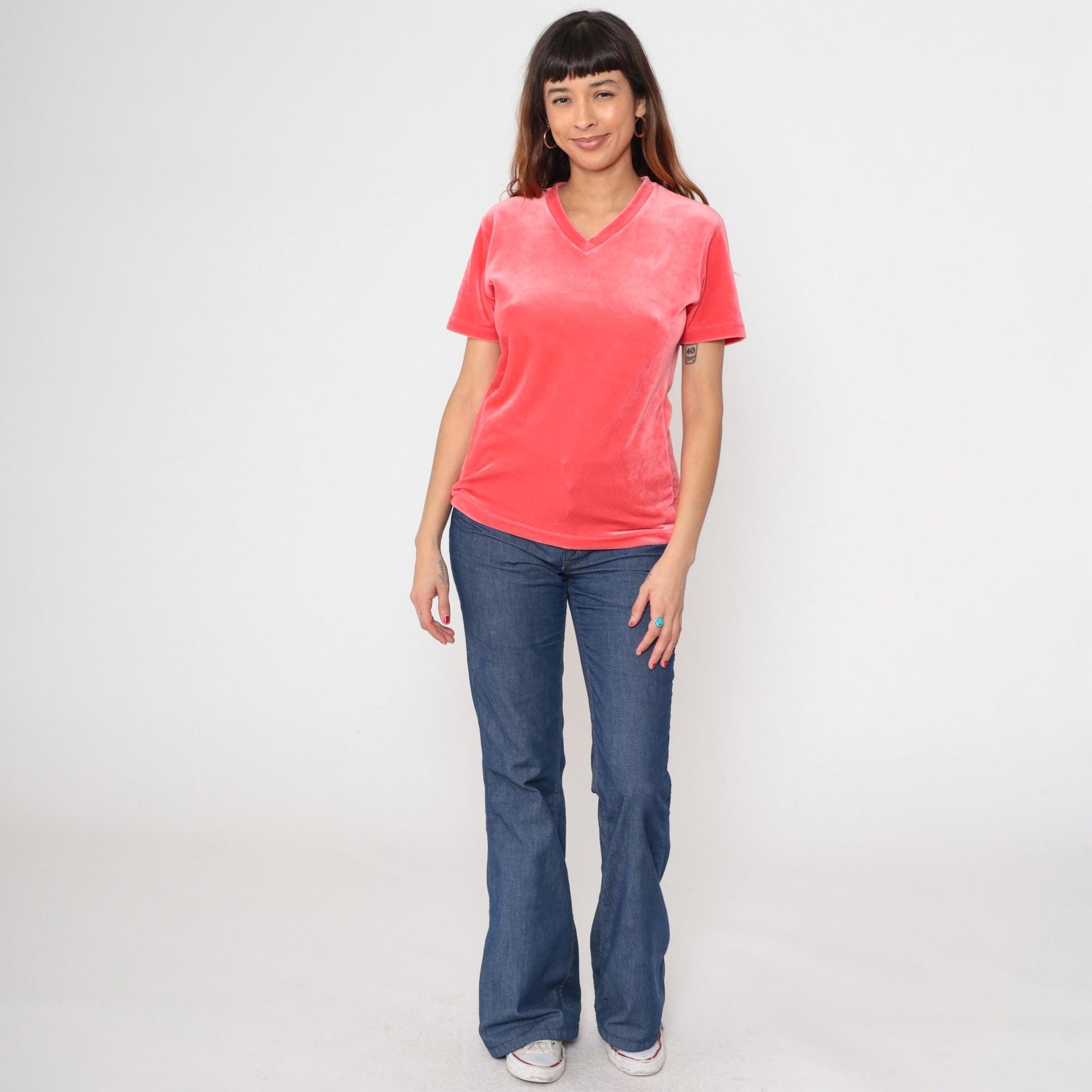 90s Coral Pink Velour V-Neck Short Sleeve Top Y2K Medium M