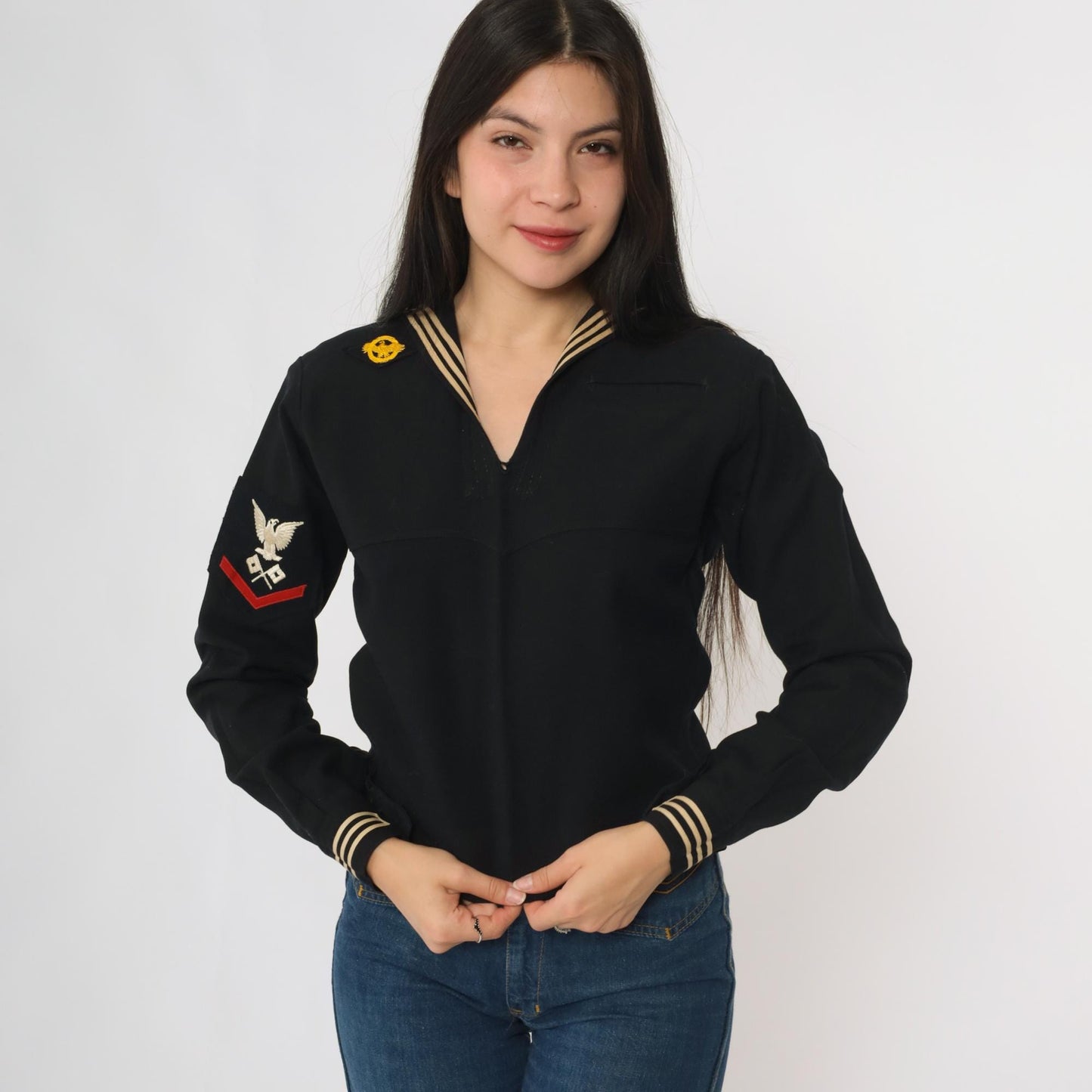 40s Black Sailor Top WW2 Naval Uniform Wool Pullover Eagle Patch XS