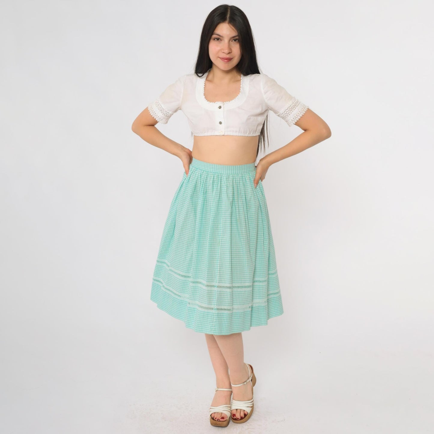 60s Mint Green Gingham A-Line Skirt Crochet Lace High Waist Small