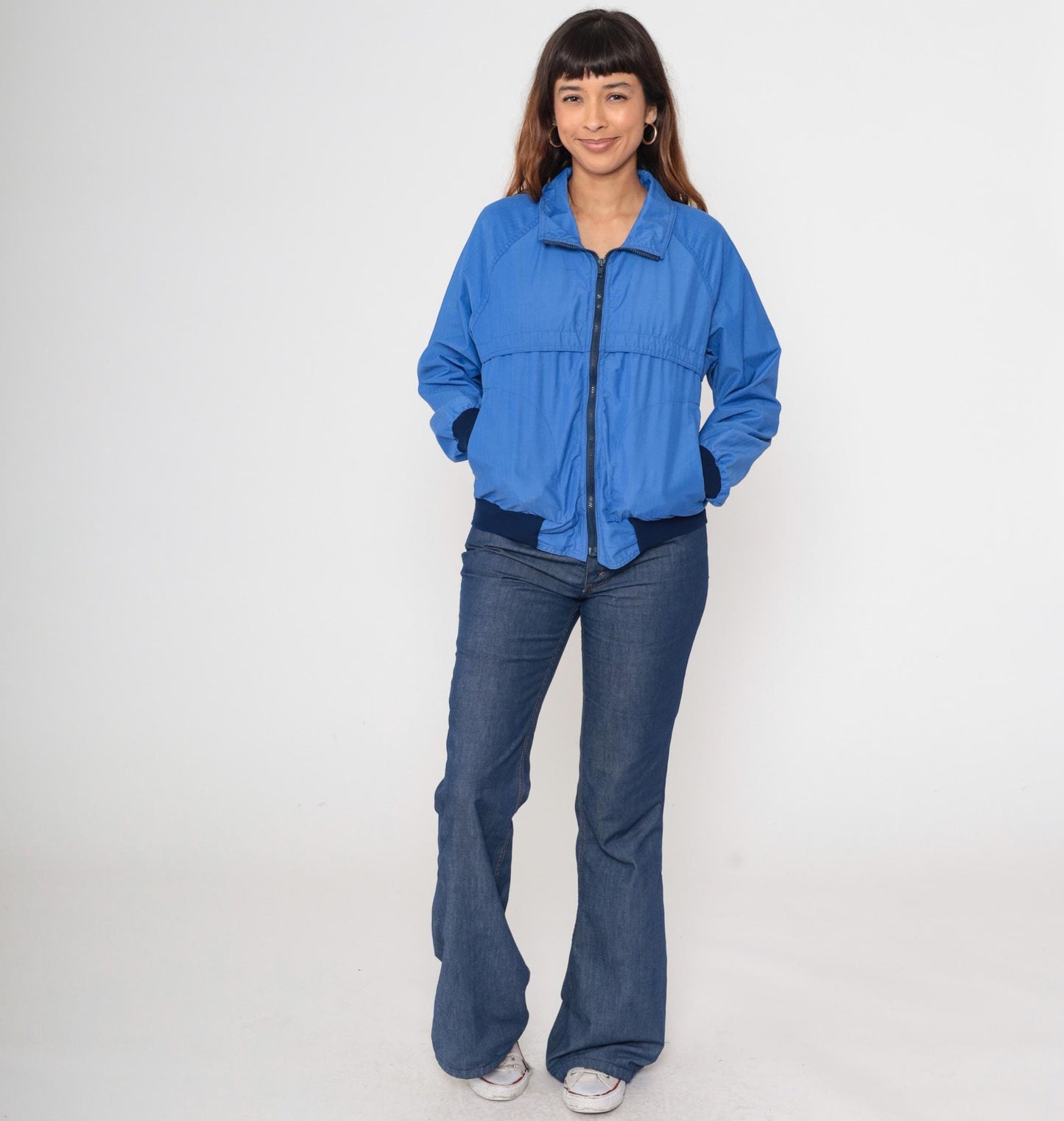 80s Royal Blue Windbreaker Jacket Raglan Sleeve Zip Up Medium M