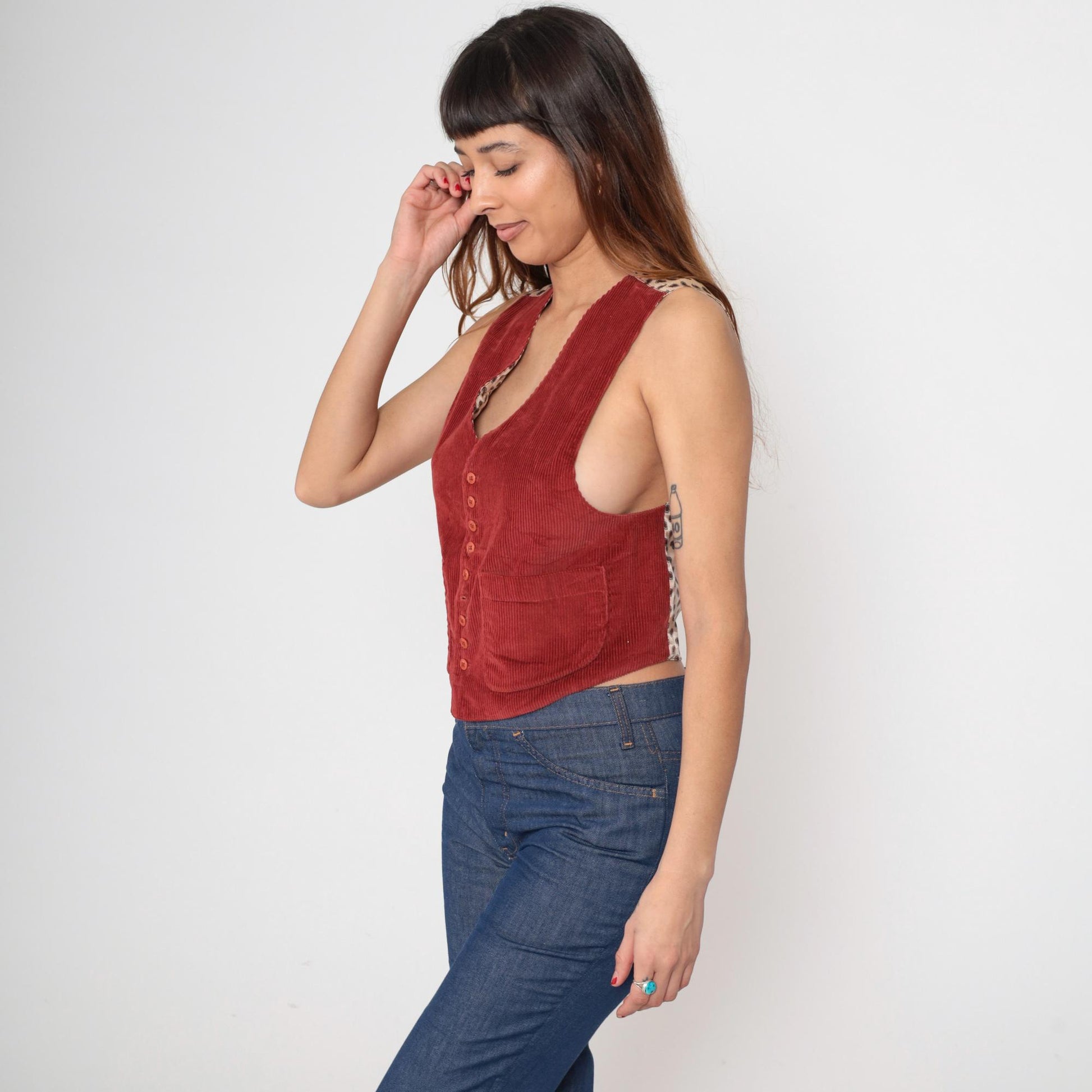 80s Rust Corduroy Vest Paisley Back Deep V-Neck Button Front Medium