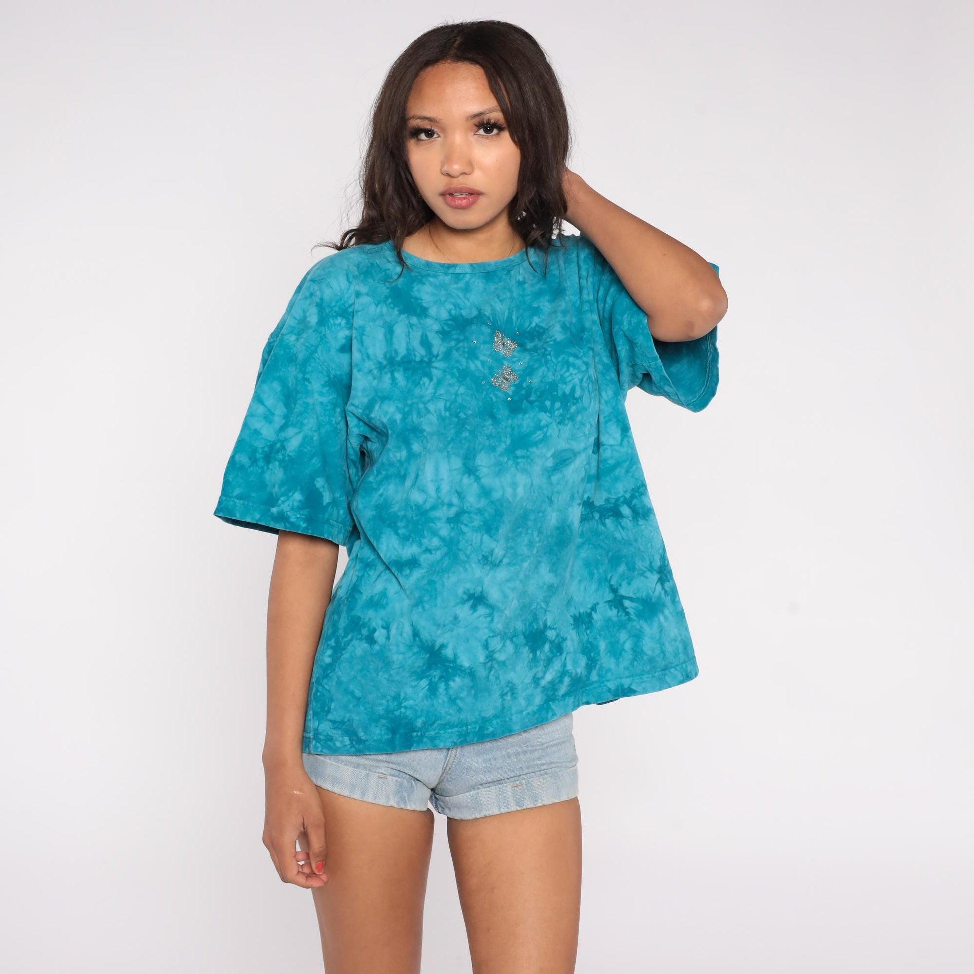 90s Cactus Bay Tie Dye Butterfly T-Shirt Teal Rhinestone Cotton Large L
