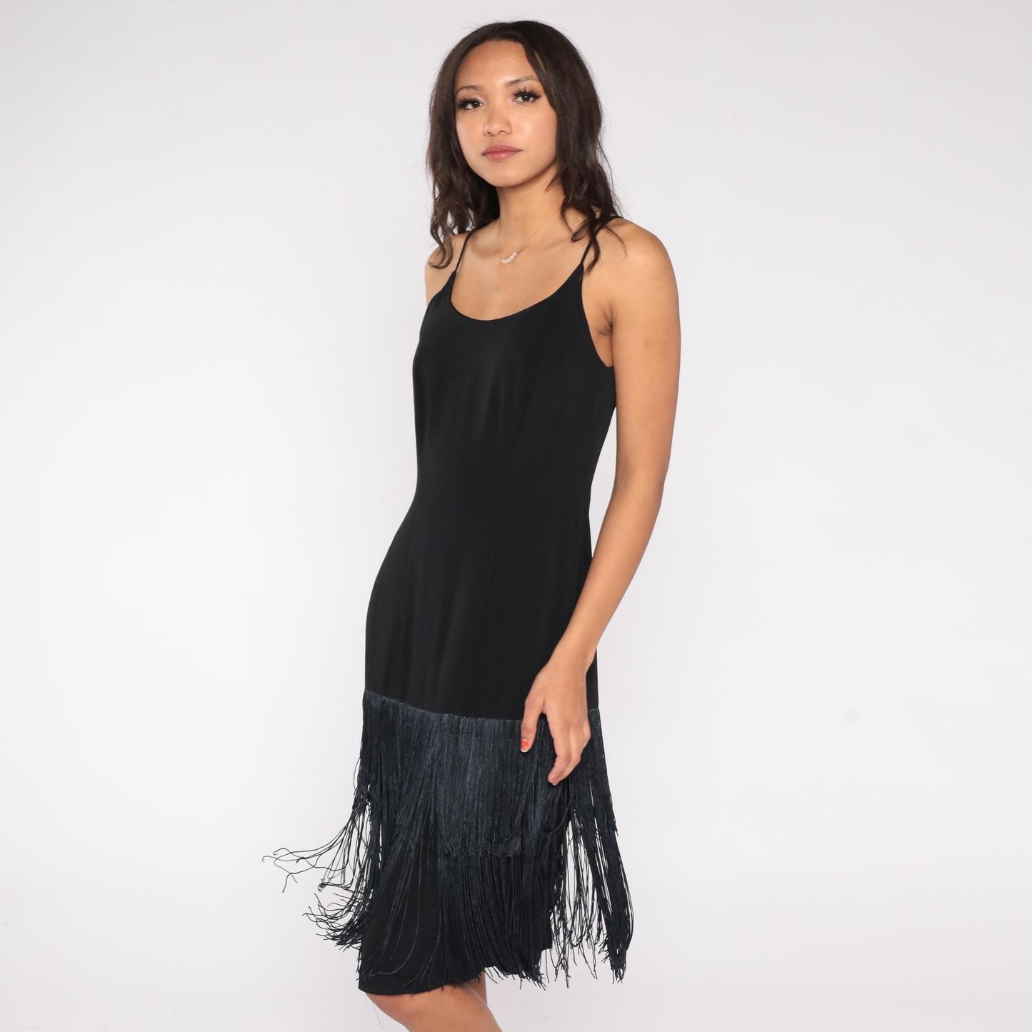 90s BB Collection Black Fringe Slip Dress Spaghetti Strap Cocktail Small
