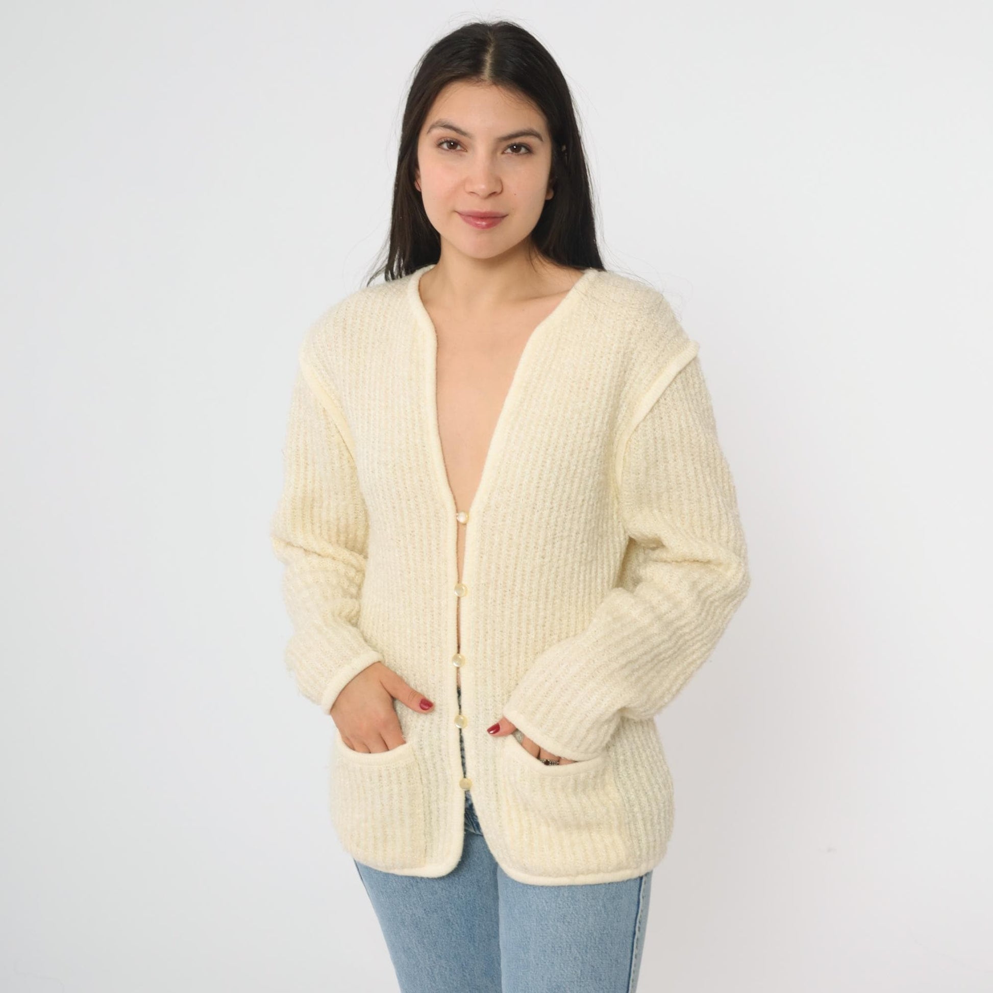 80s Ivory Knit Cardigan V-Neck Ribbed Texture Front Pockets Large L