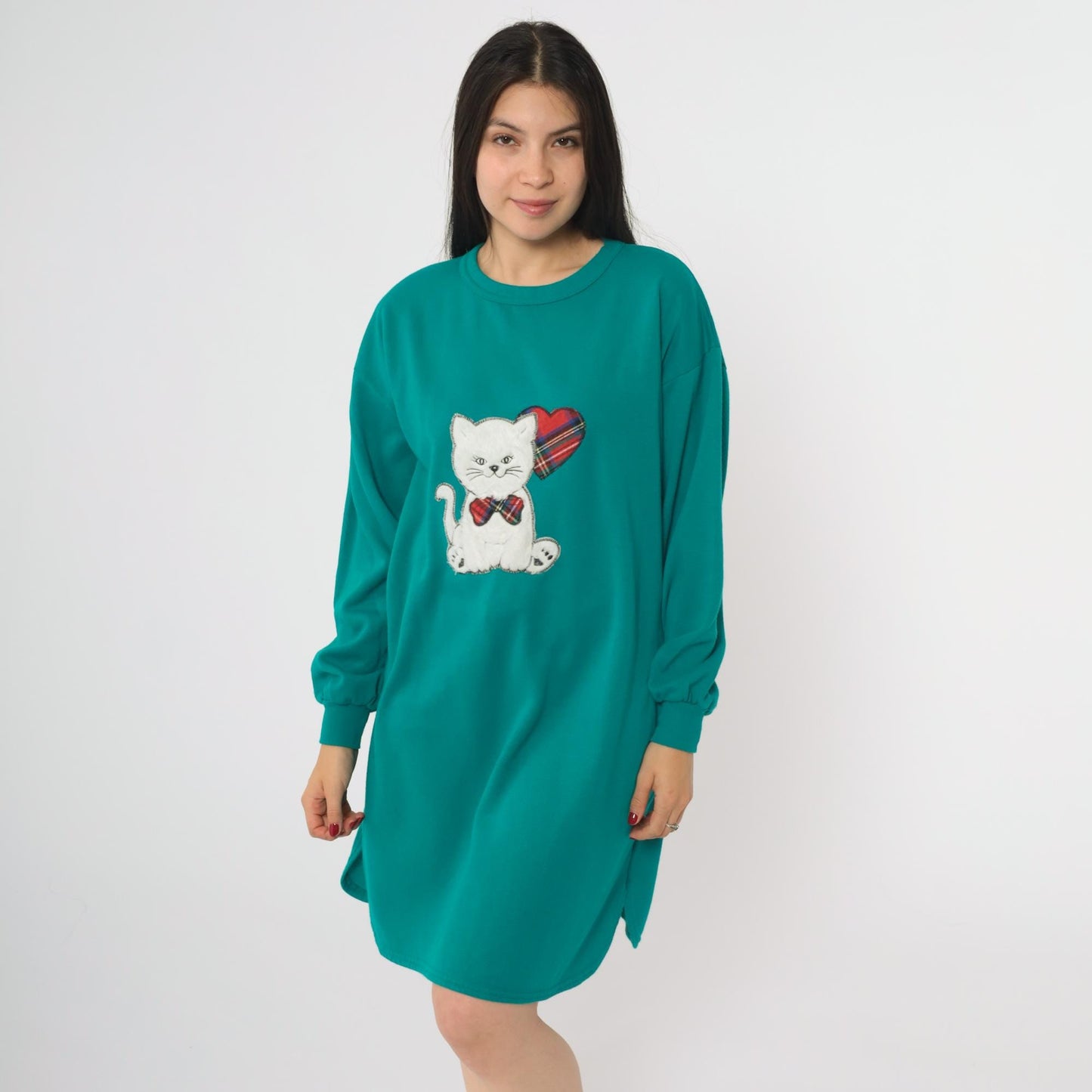 90s Teal Cat Applique Sweatshirt Dress Fuzzy Kitten Pullover Small S
