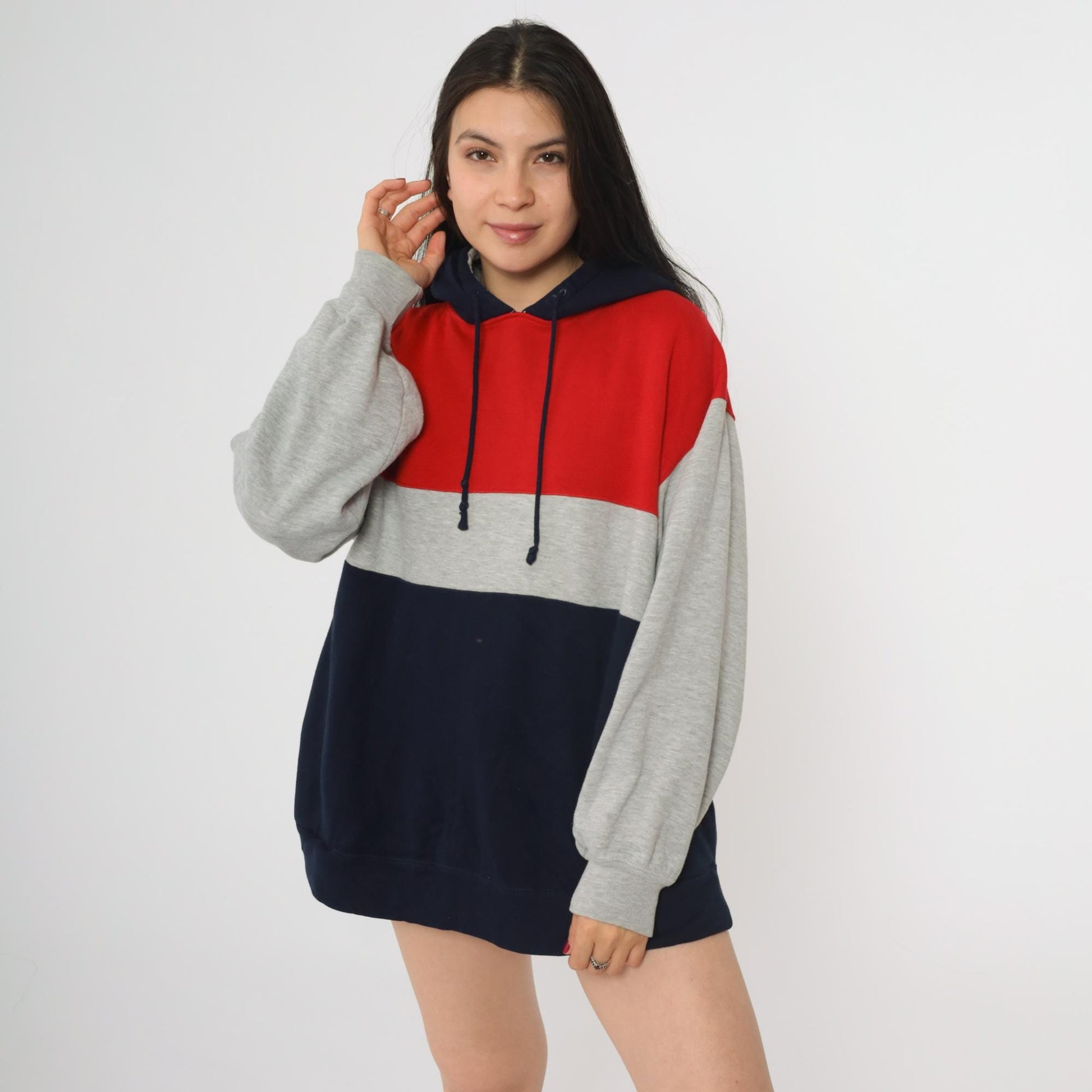 90s Pony Colorblock Hoodie Red Grey Navy Pullover Large L