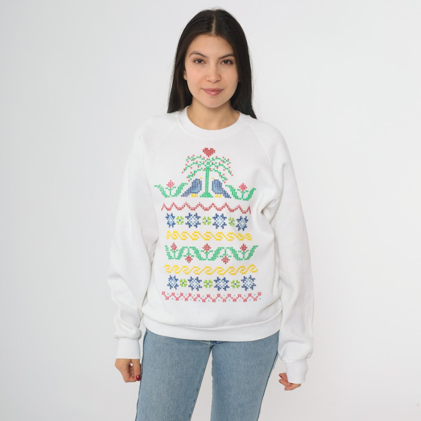 90s Jerzees Birds Floral Cross Stitch Graphic Sweatshirt White Crewneck Large L