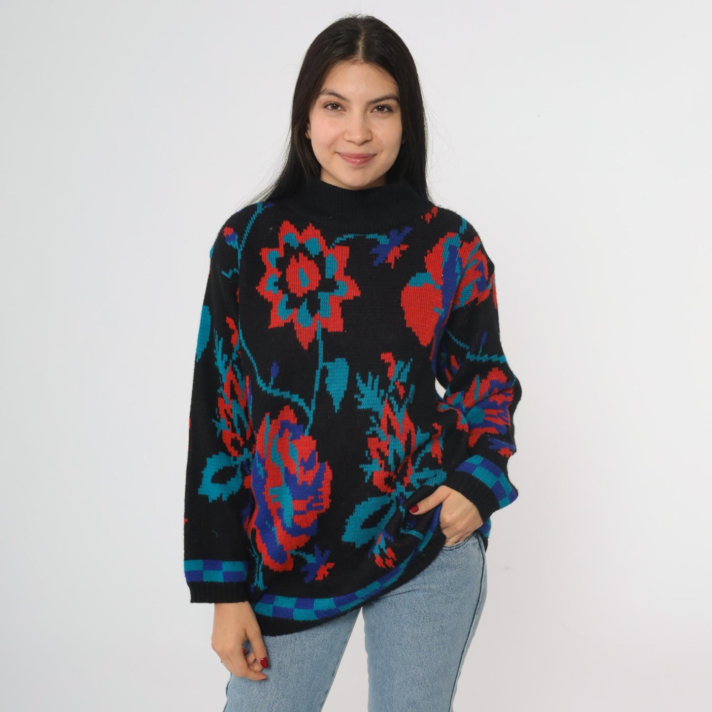 80s Adolfo Collectibles Floral Knit Sweater High Neck Black Red Blue Teal Medium M