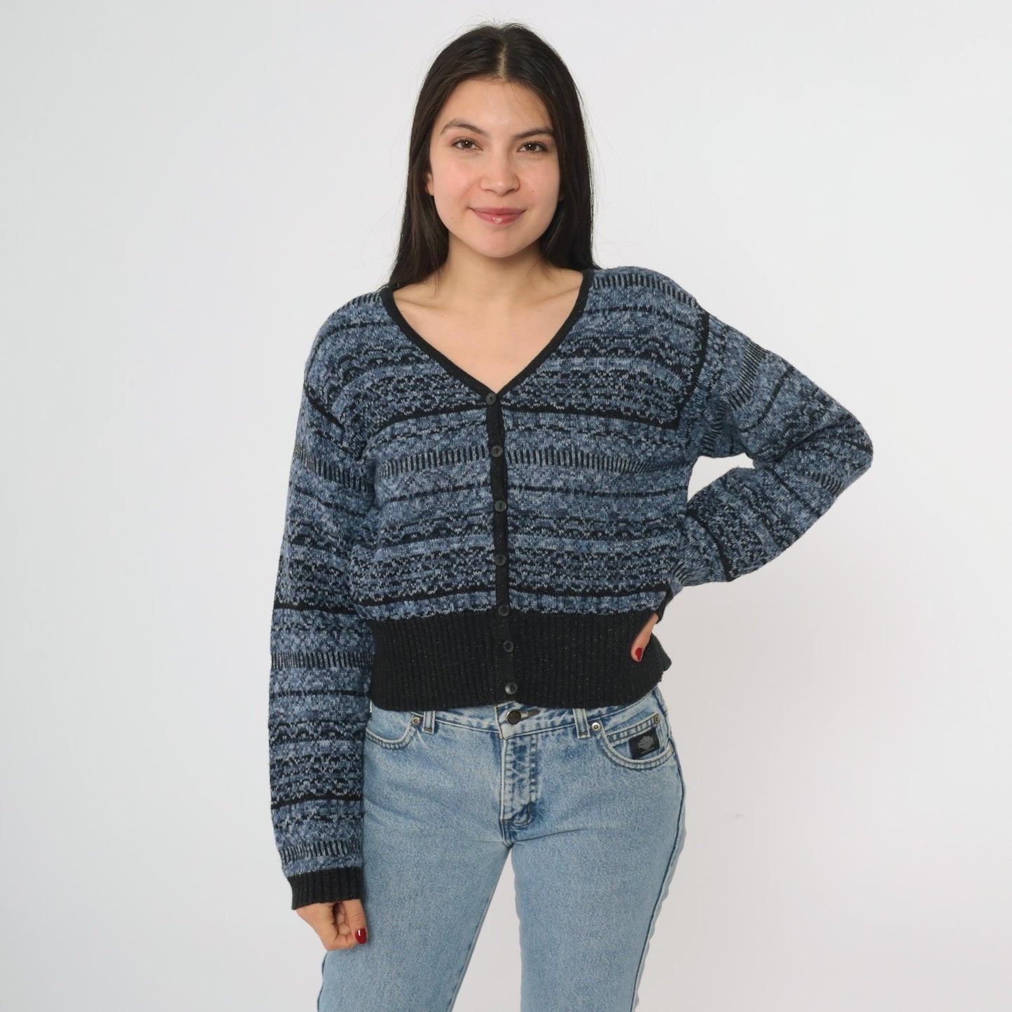 90s Lizwear Petite Blue Black Striped Cardigan V Neck Cotton Knit Small