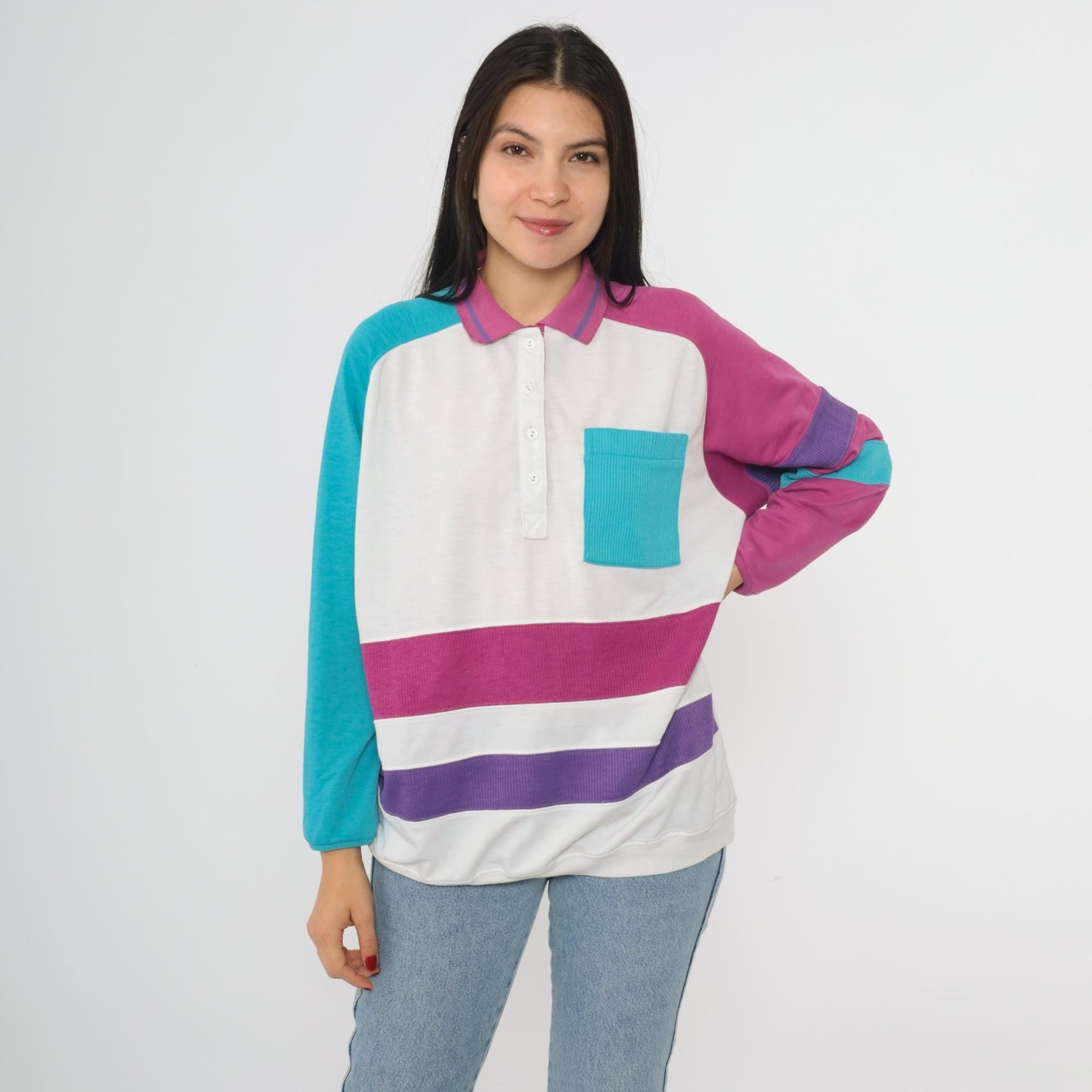 80s Colorblock Polo Shirt Pink Purple Turquoise Geometric Wave Raglan Large