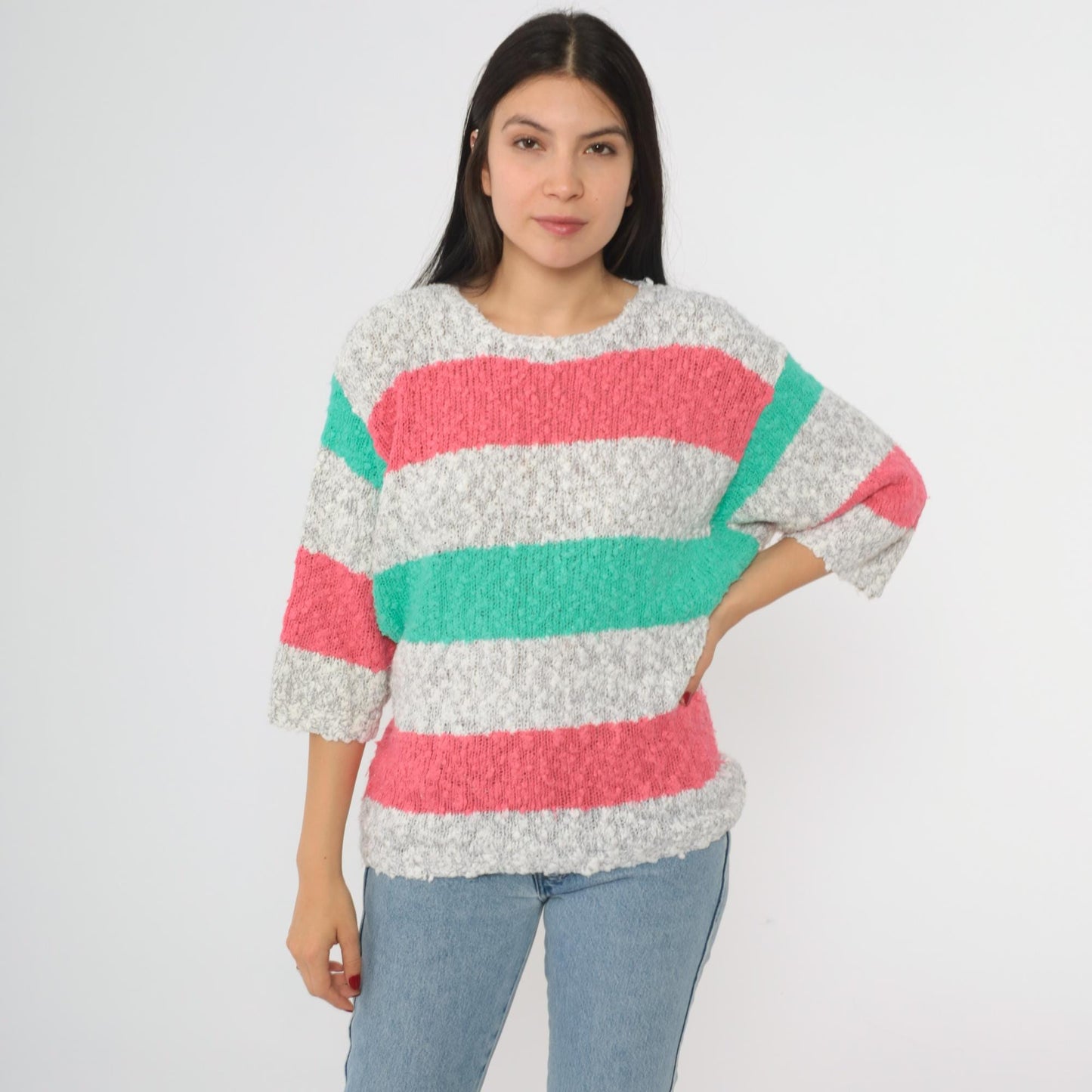80s Striped Knit Sweater Pink Green Gray Crew Neck Short Sleeve Medium M